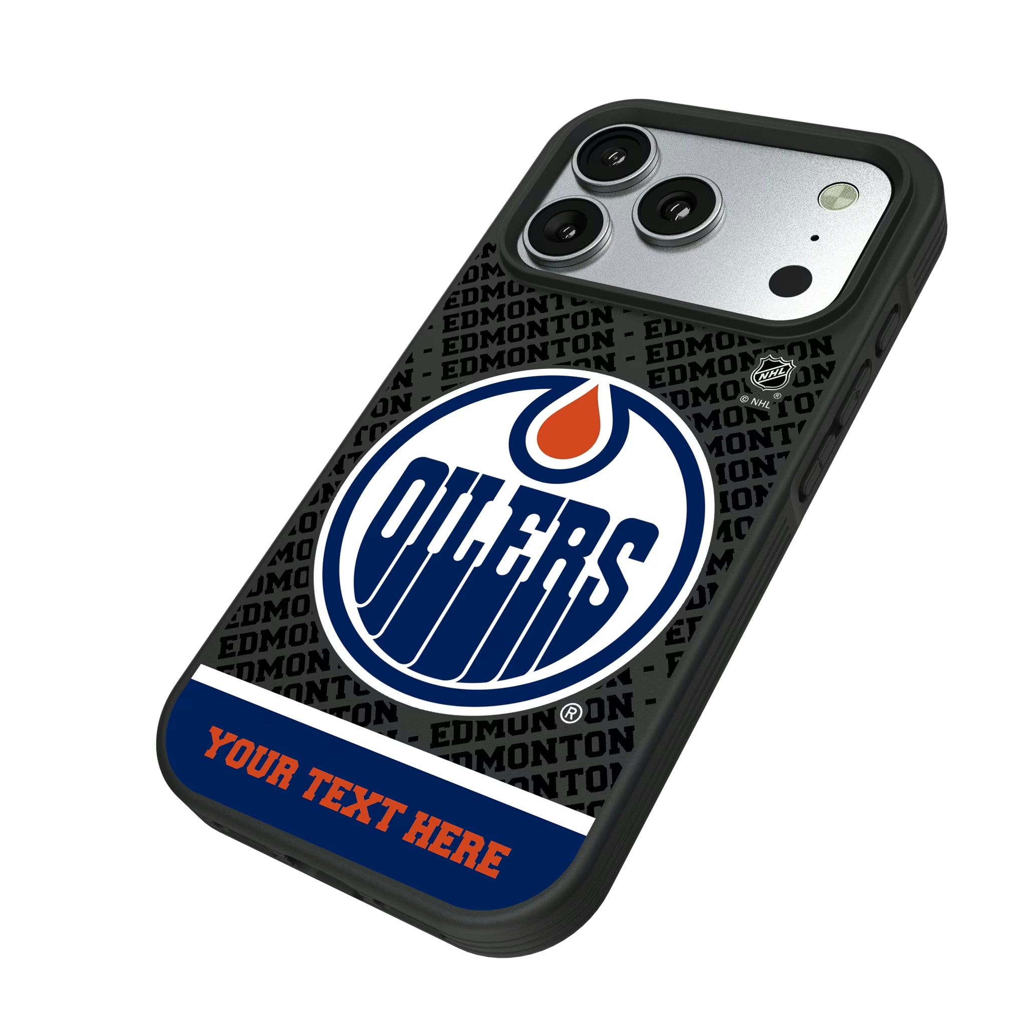 Edmonton Oilers Personalized EndZone Plus iPhone Bump Phone Case for Apple iPhone - Isometric View#Device_iPhone 17 Pro
