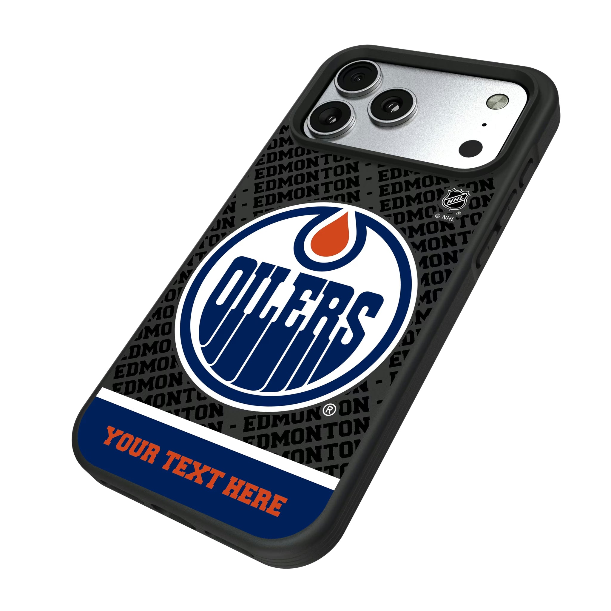 Edmonton Oilers Personalized EndZone Plus iPhone Bump Phone Case for Apple iPhone - Isometric View#Device_iPhone 17 Pro Max