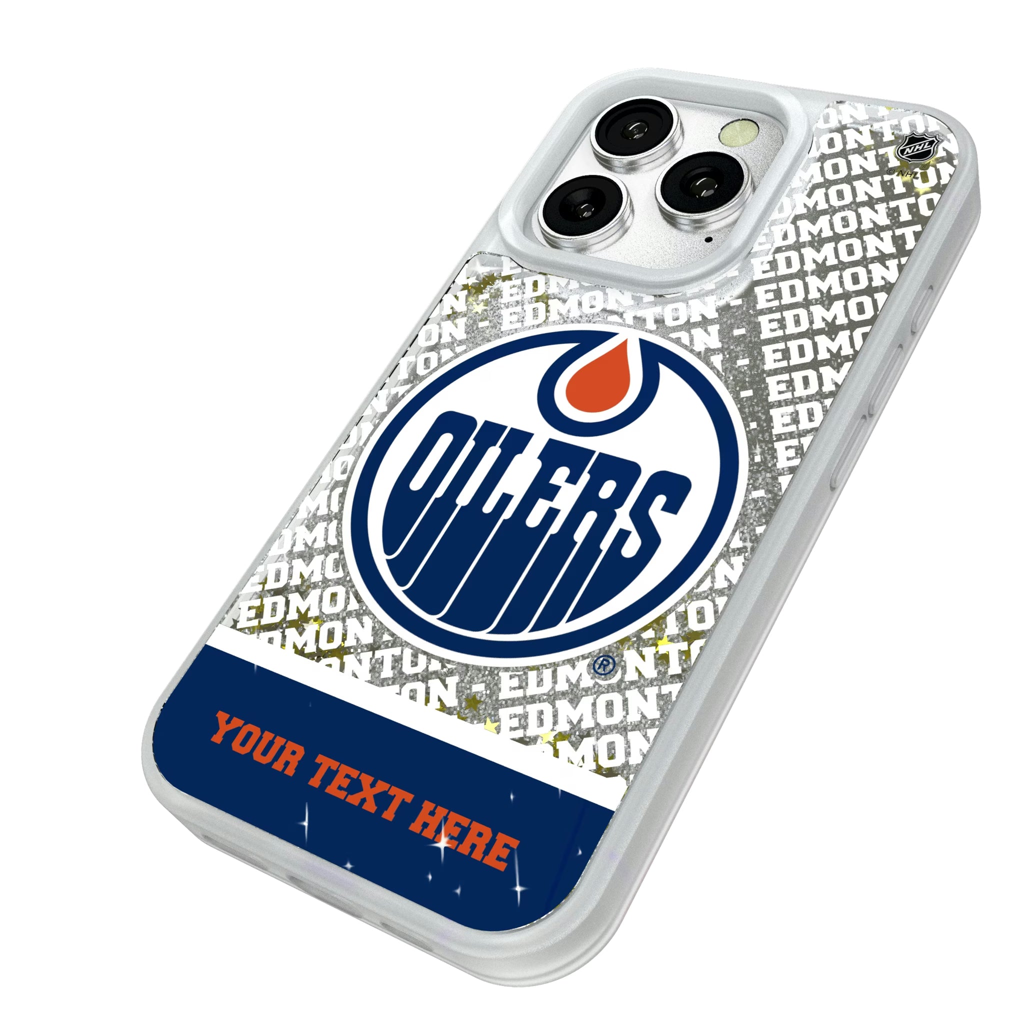 Edmonton Oilers Personalized EndZone Plus iPhone Glitter Phone Case for Apple iPhone - Isometric View#Device_iPhone 16 Pro