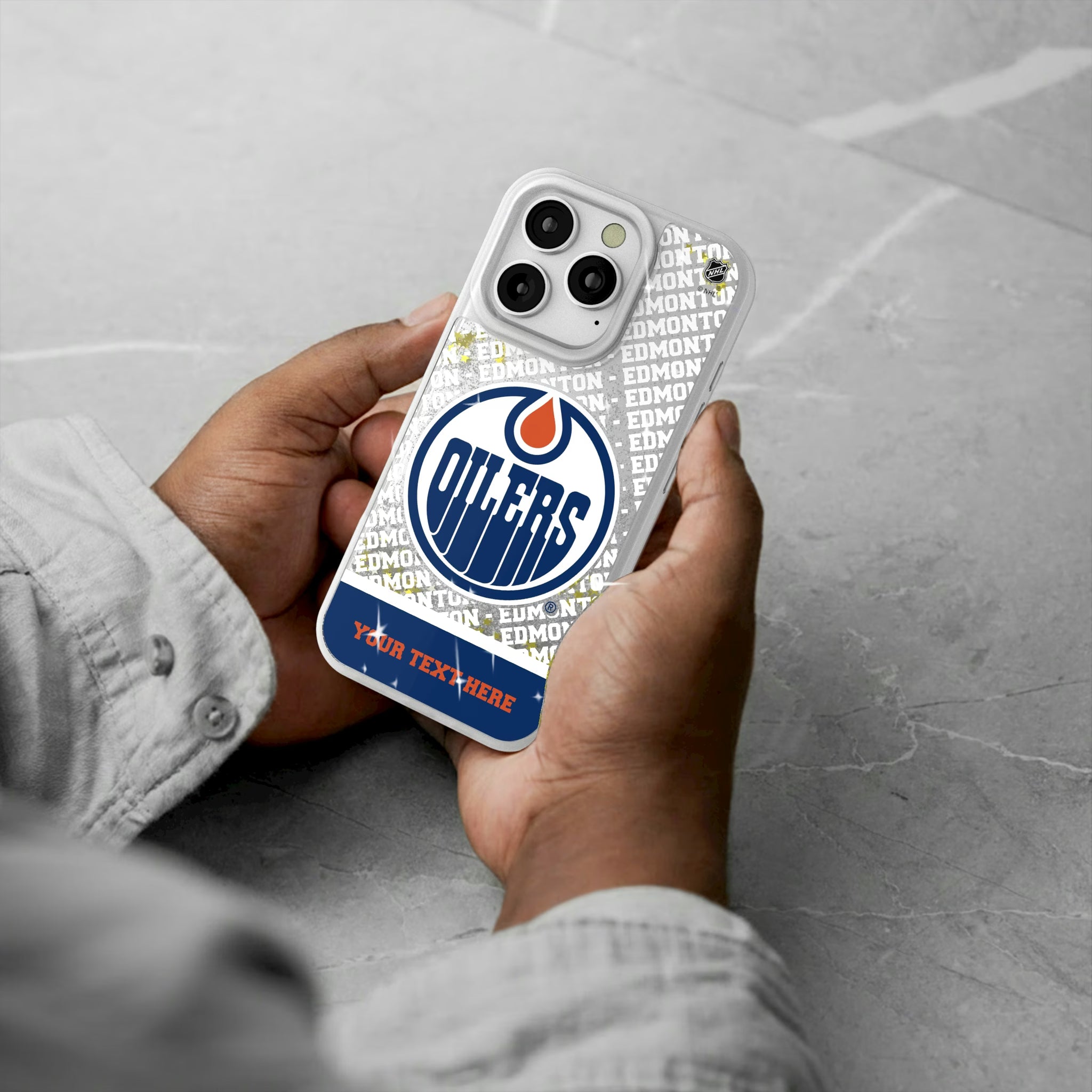 Edmonton Oilers Personalized EndZone Plus iPhone Glitter Phone Case for Apple iPhone - Lifestyle#Device_iPhone 16 Pro