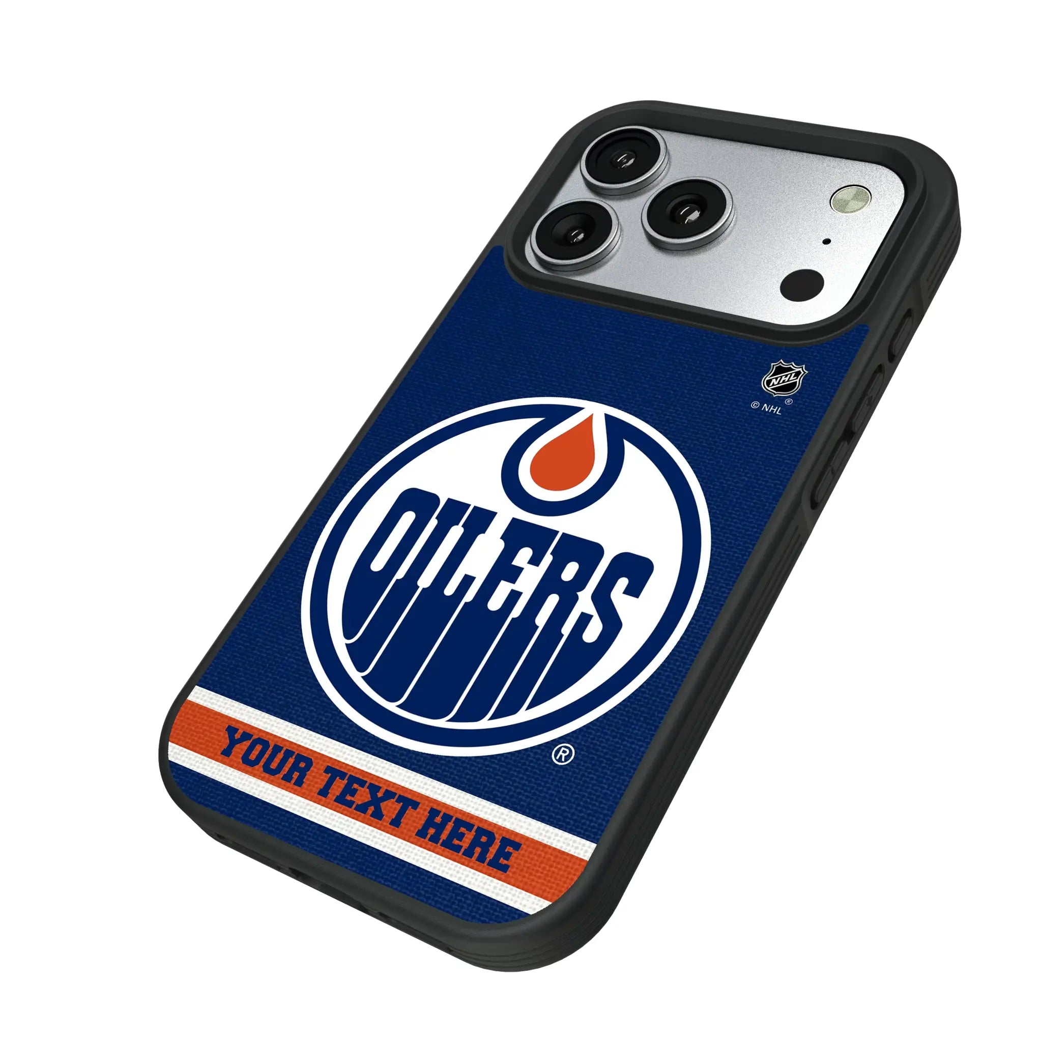 Edmonton Oilers Personalized Stripe iPhone Bump Phone Case for Apple iPhone - Isometric View#Device_iPhone 17 Pro