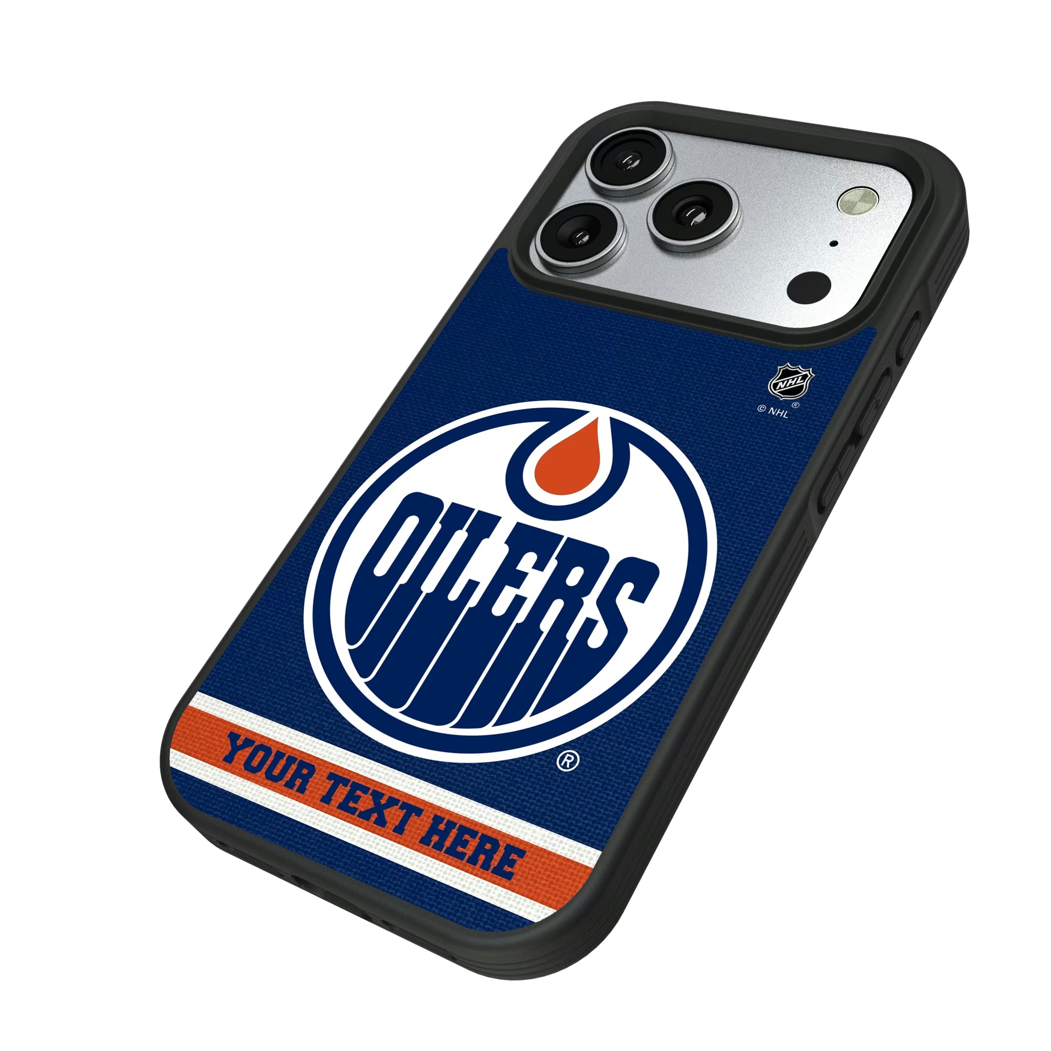 Edmonton Oilers Personalized Stripe iPhone Bump Phone Case for Apple iPhone - Isometric View#Device_iPhone 17 Pro
