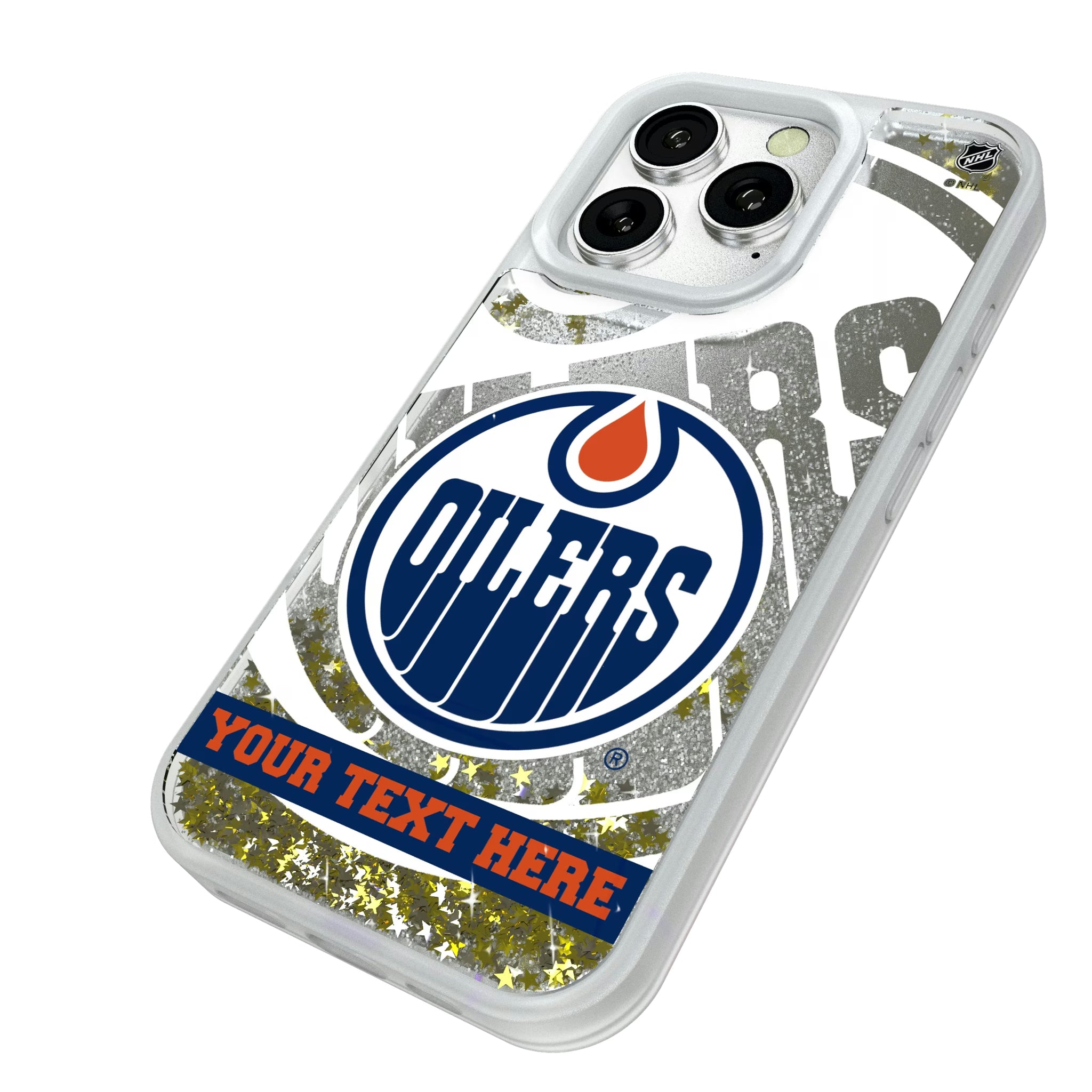 Edmonton Oilers Personalized Tilt iPhone Glitter Phone Case for Apple iPhone - Isometric View#Device_iPhone 16 Pro