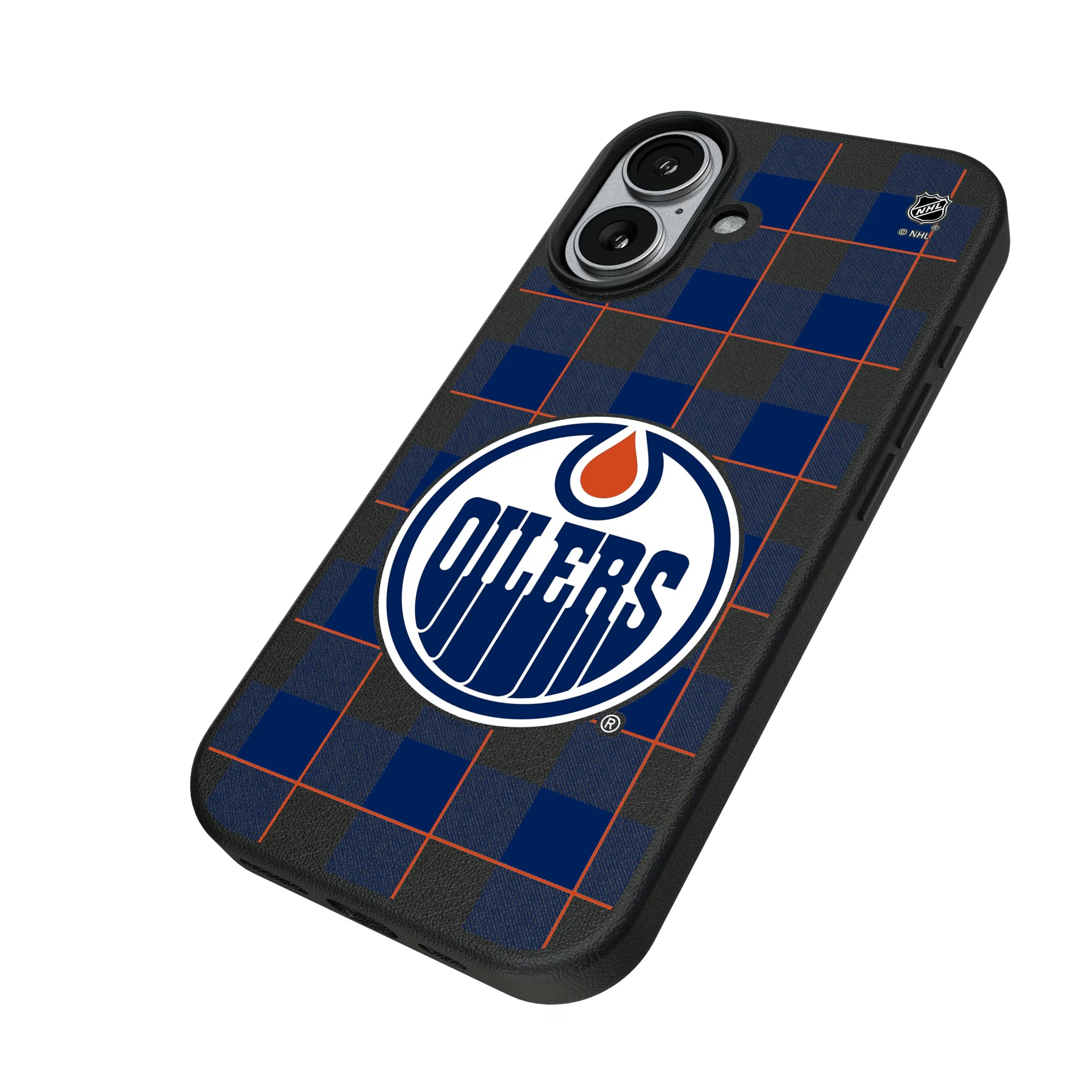 Edmonton Oilers Plaid iPhone MagSafe Compatible Phone Case for Apple iPhone - Isometric View#Device_iPhone 17