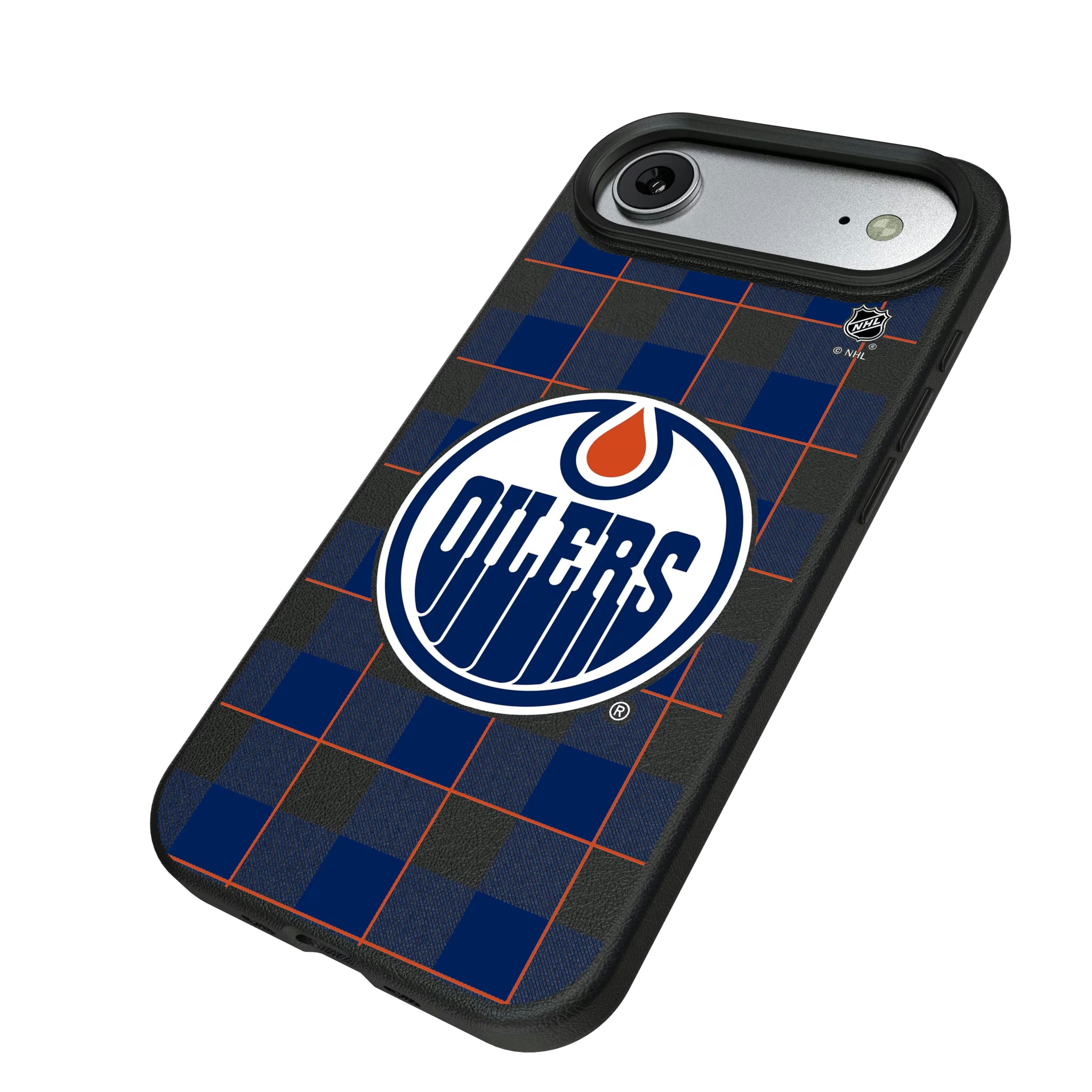 Edmonton Oilers Plaid iPhone MagSafe Compatible Phone Case for Apple iPhone - Isometric View#Device_iPhone Air