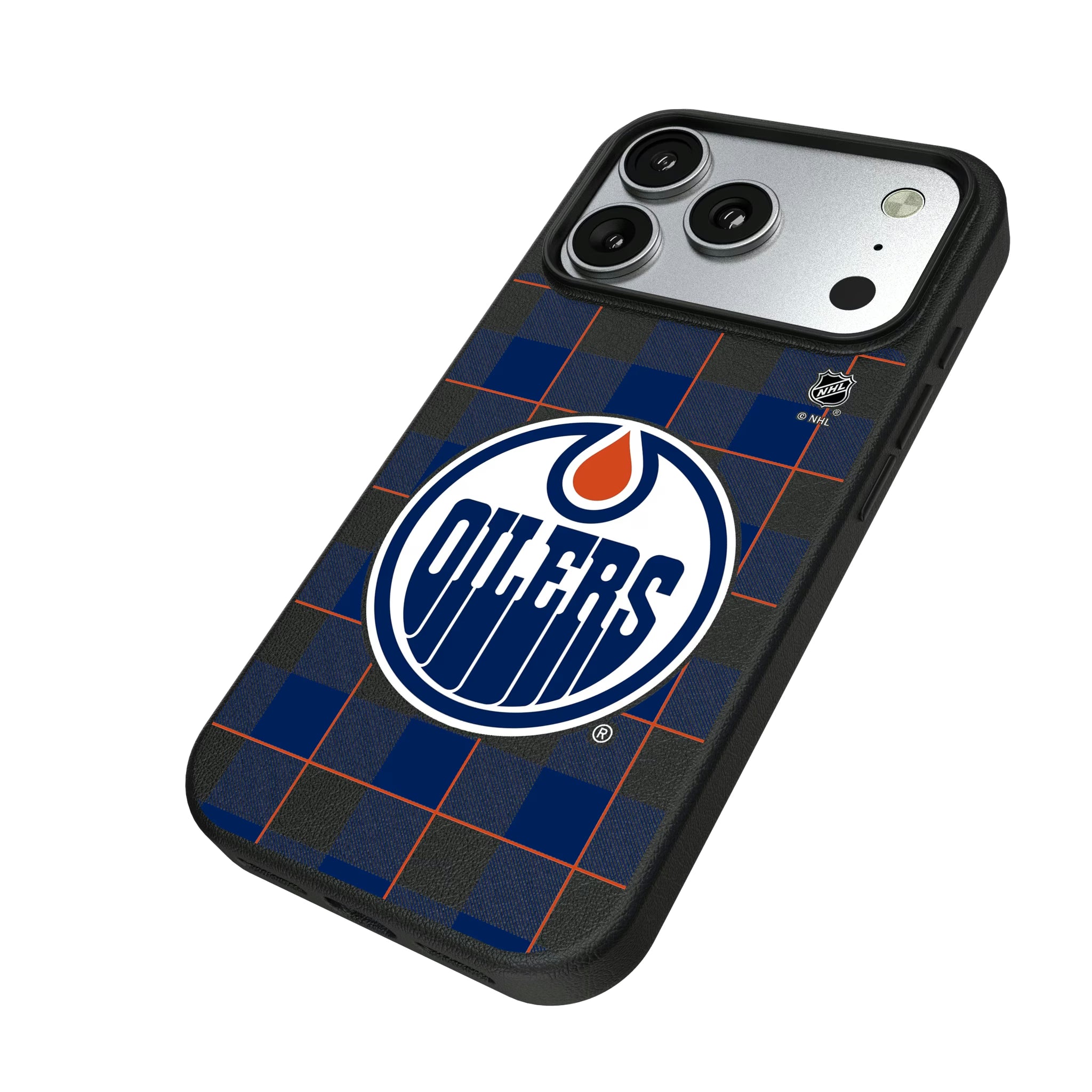 Edmonton Oilers Plaid iPhone MagSafe Compatible Phone Case for Apple iPhone - Isometric View#Device_iPhone 17 Pro