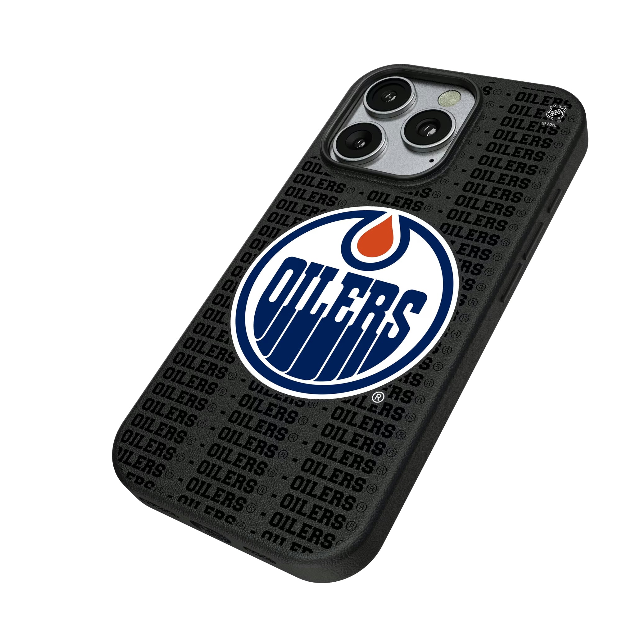 Edmonton Oilers Text Backdrop iPhone MagSafe Compatible Phone Case for Apple iPhone - Isometric View
