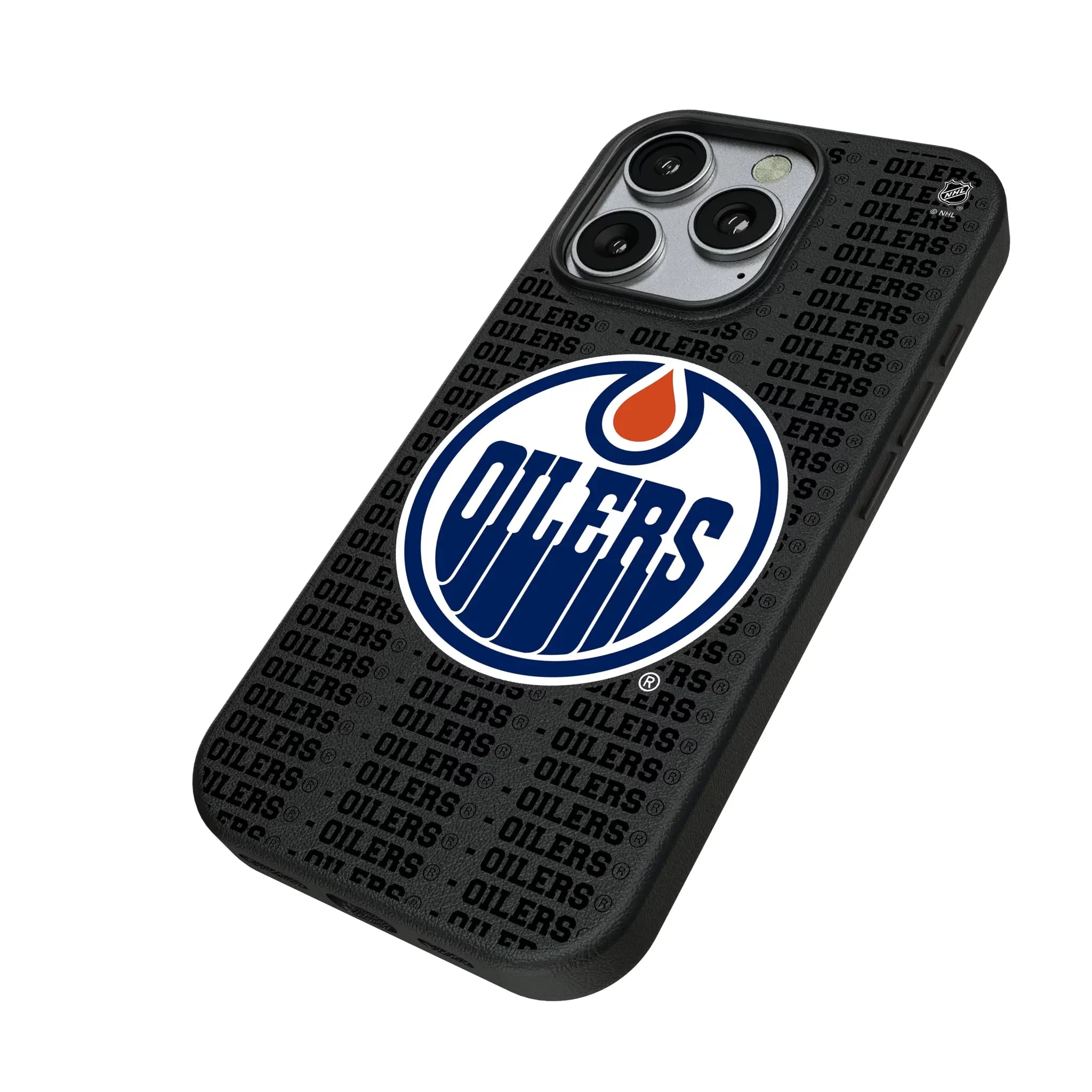 Edmonton Oilers Text Backdrop iPhone MagSafe Compatible Phone Case for Apple iPhone - Isometric View