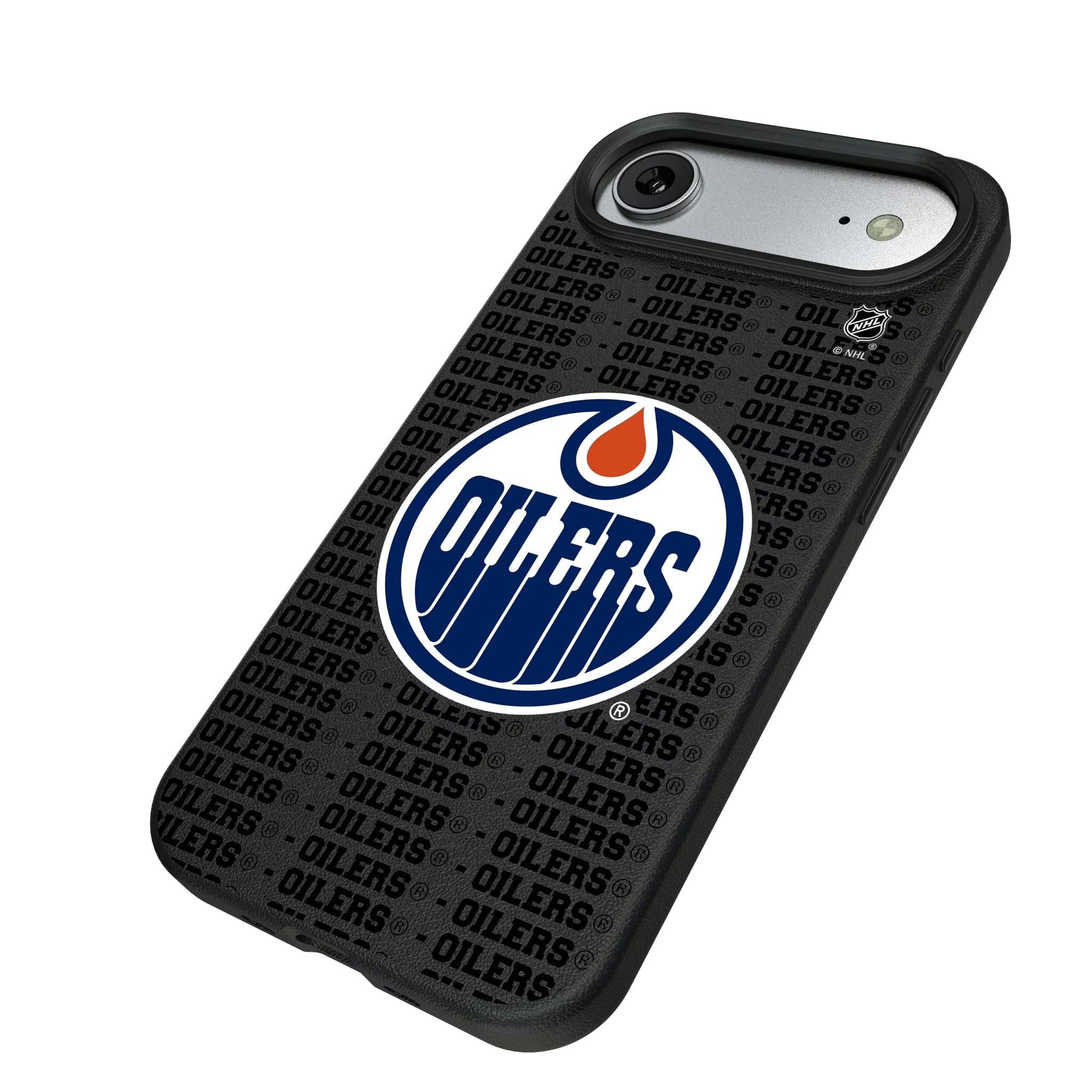 Edmonton Oilers Text Backdrop iPhone MagSafe Compatible Phone Case for Apple iPhone - Isometric View#Device_iPhone Air