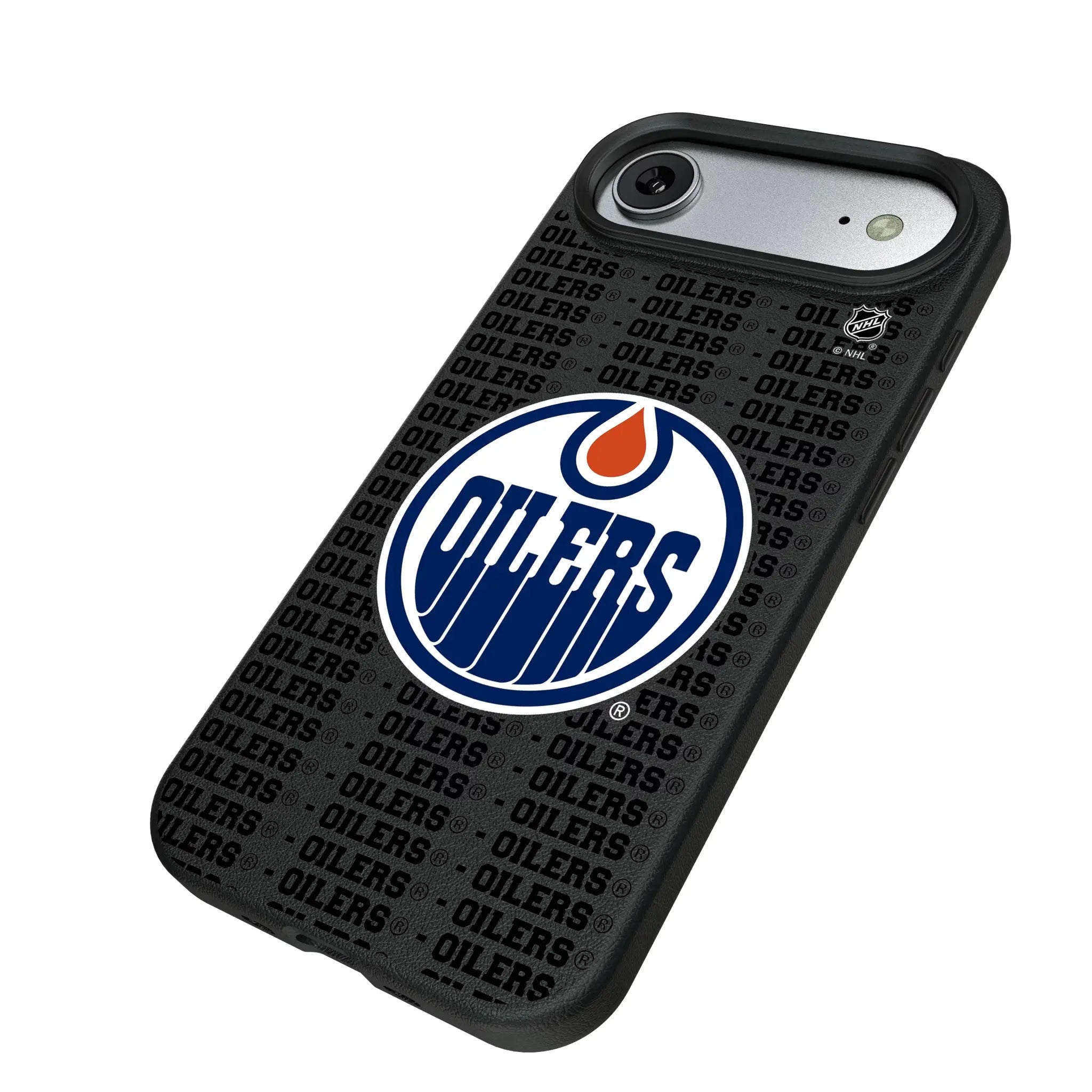 Edmonton Oilers Text Backdrop iPhone MagSafe Compatible Phone Case for Apple iPhone - Isometric View#Device_iPhone Air