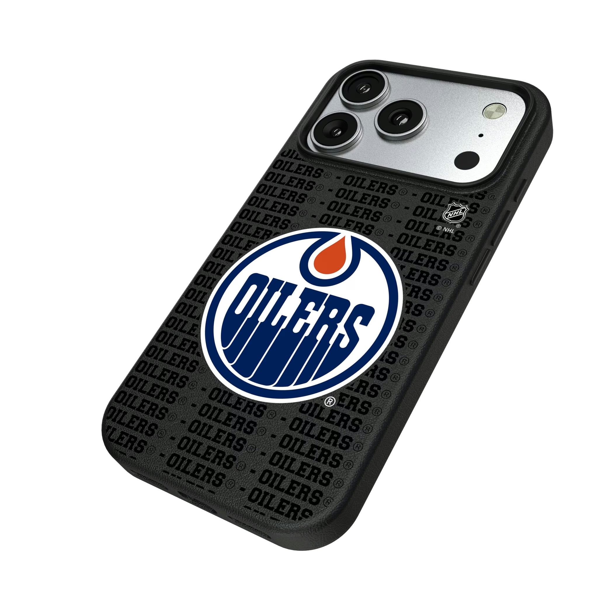 Edmonton Oilers Text Backdrop iPhone MagSafe Compatible Phone Case for Apple iPhone - Isometric View#Device_iPhone 17 Pro