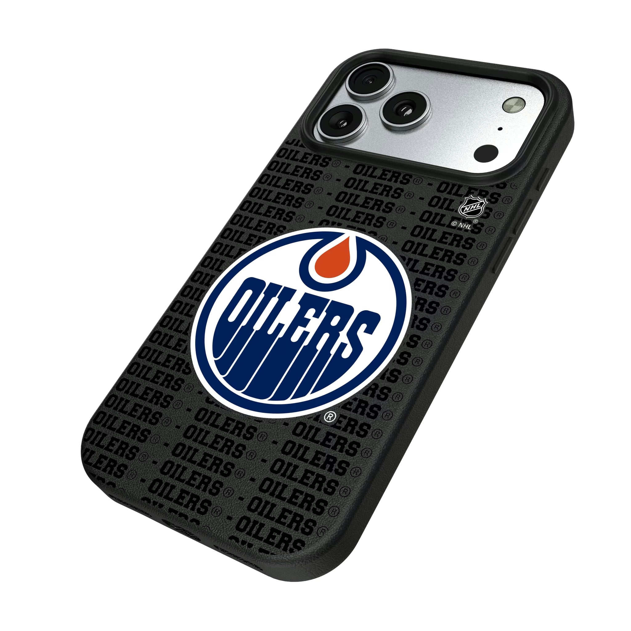 Edmonton Oilers Text Backdrop iPhone MagSafe Compatible Phone Case for Apple iPhone - Isometric View#Device_iPhone 17 Pro Max