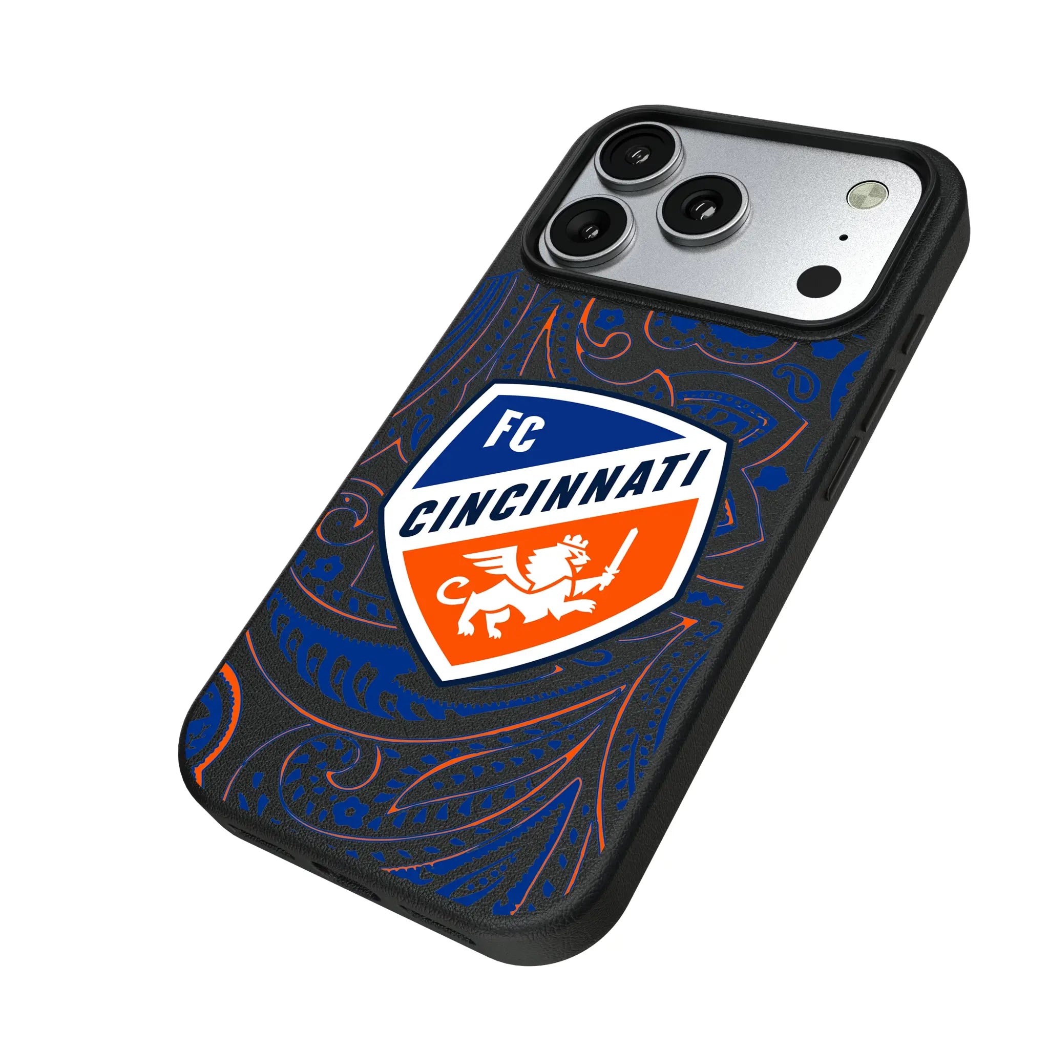 FC Cincinnati Paisley iPhone MagSafe Compatible Phone Case for Apple iPhone - Isometric View#Device_iPhone 17 Pro