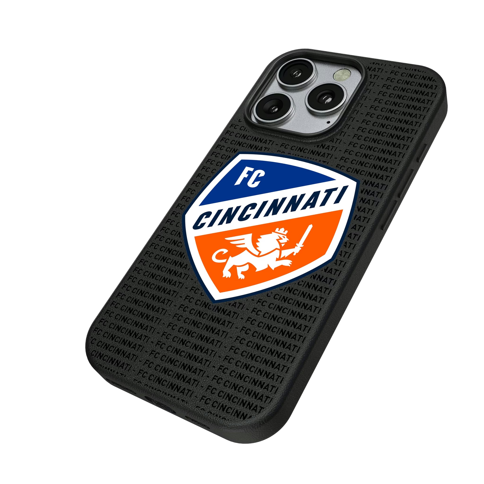 FC Cincinnati Text Backdrop iPhone MagSafe Compatible Phone Case for Apple iPhone - Isometric View