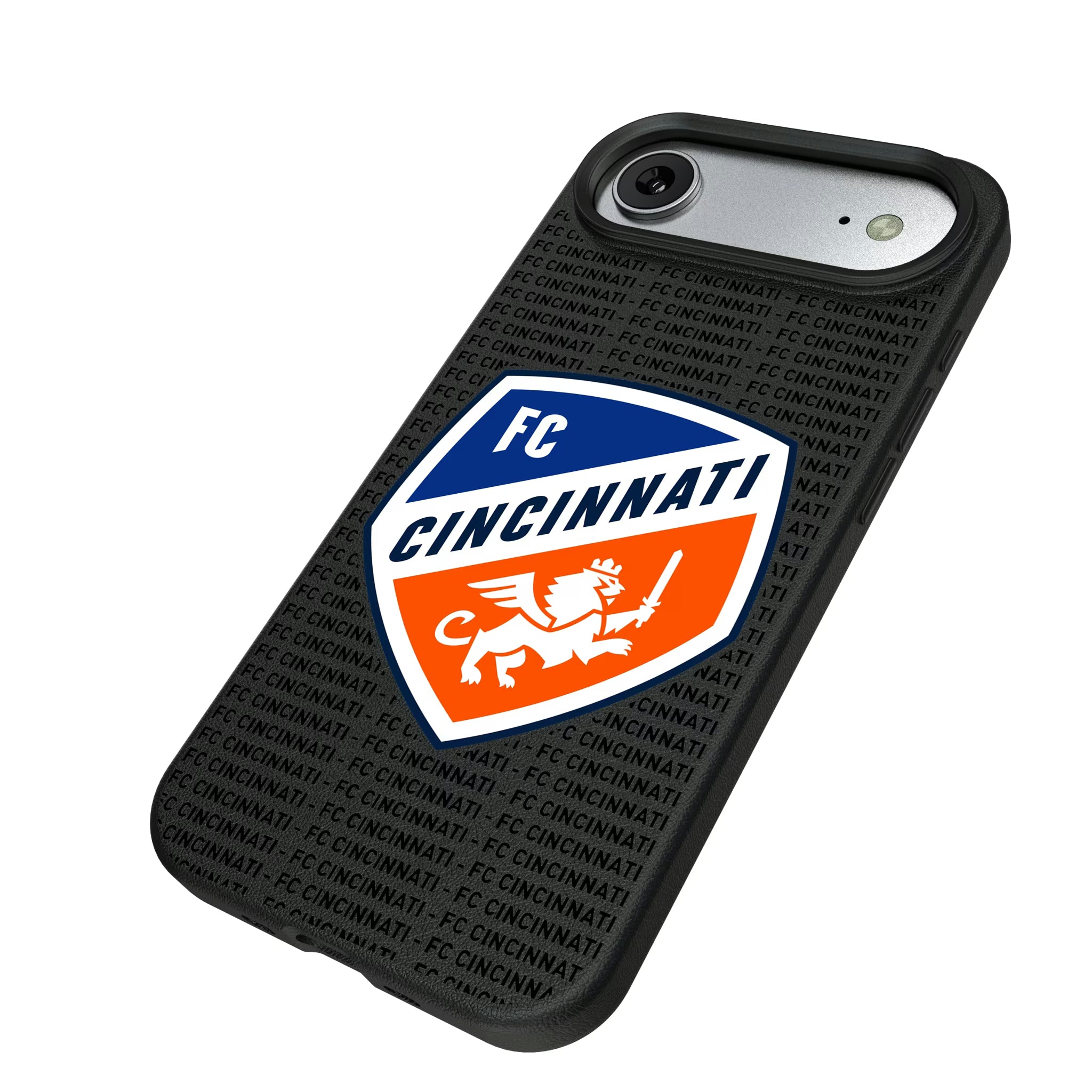 FC Cincinnati Text Backdrop iPhone MagSafe Compatible Phone Case for Apple iPhone - Isometric View#Device_iPhone Air