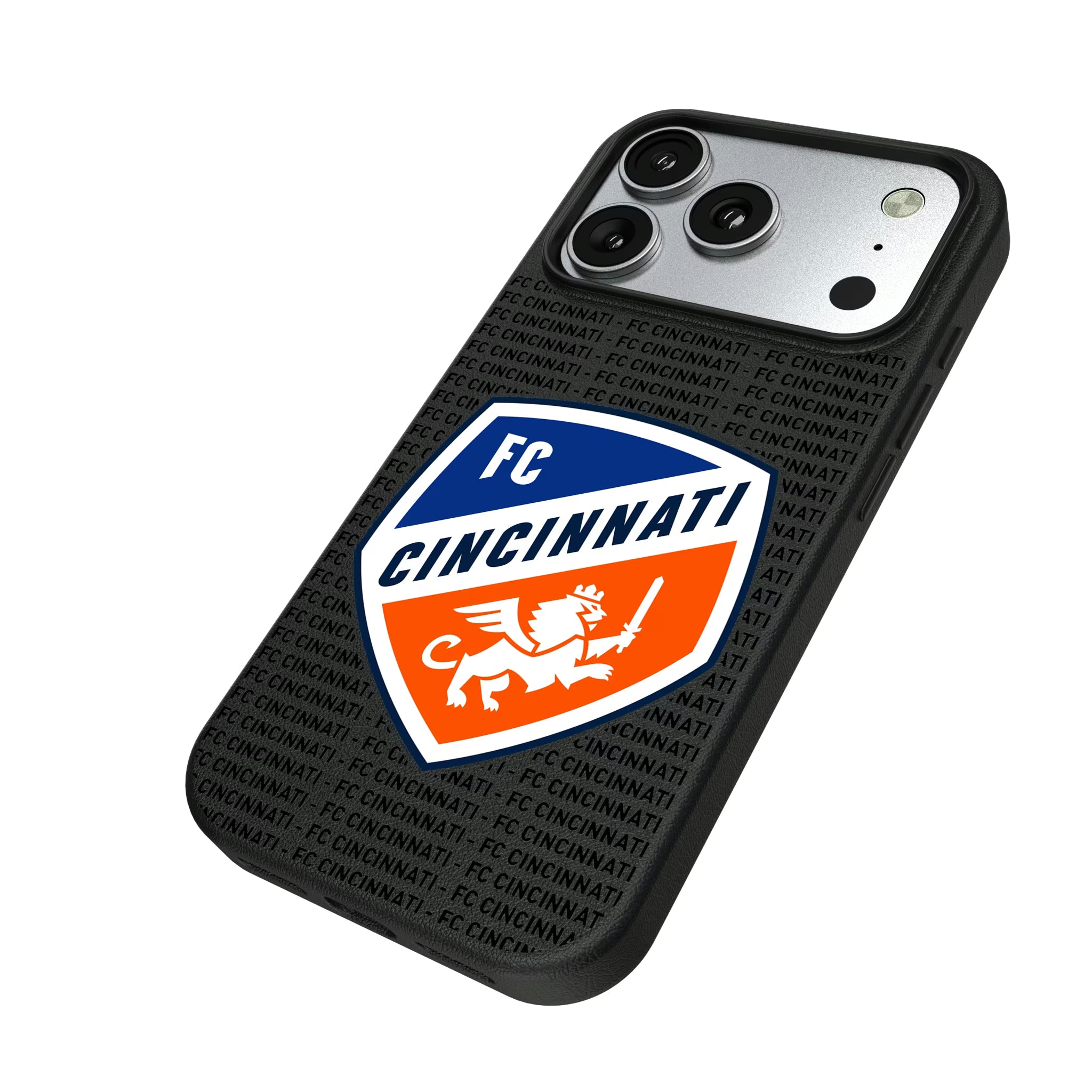 FC Cincinnati Text Backdrop iPhone MagSafe Compatible Phone Case for Apple iPhone - Isometric View#Device_iPhone 17 Pro