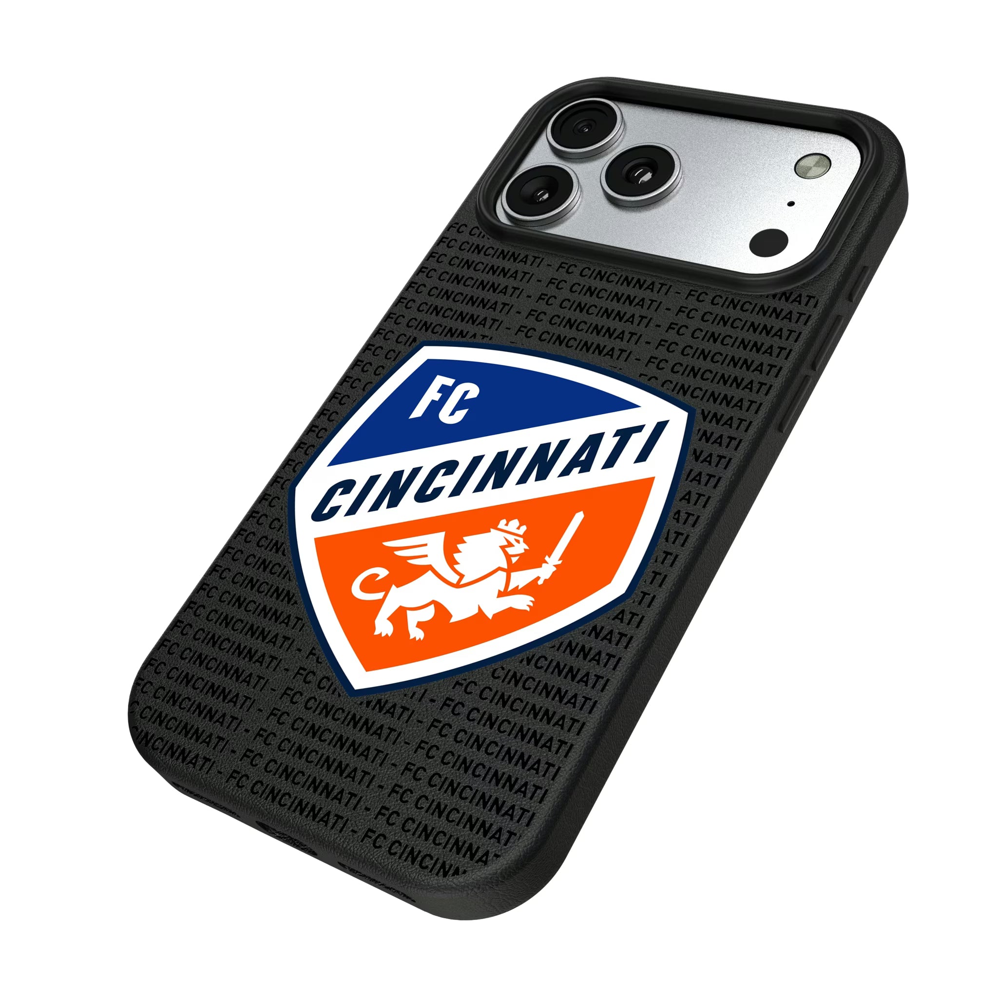 FC Cincinnati Text Backdrop iPhone MagSafe Compatible Phone Case for Apple iPhone - Isometric View#Device_iPhone 17 Pro Max