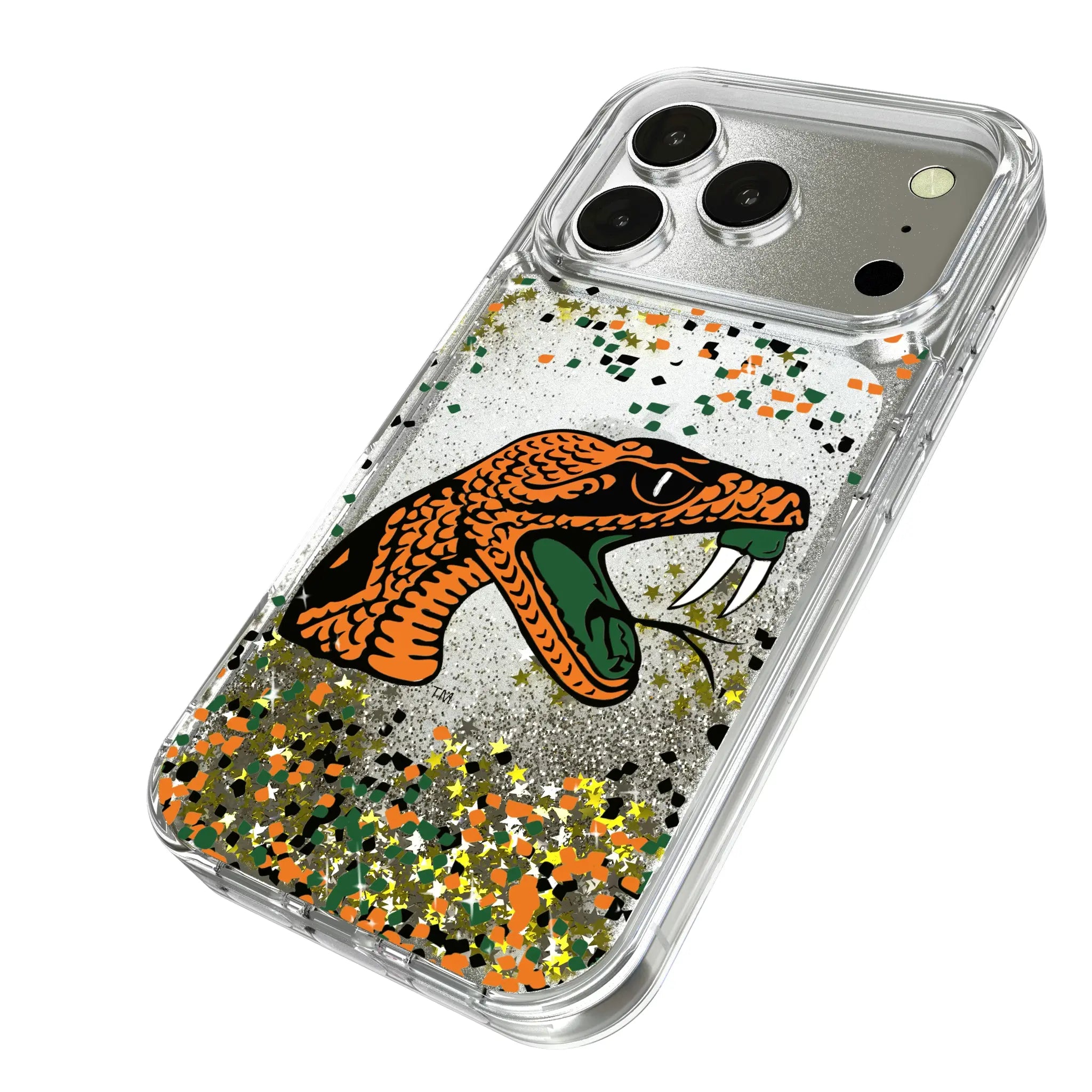 Florida A&M University Rattlers Confetti iPhone Glitter Phone Case for Apple iPhone - Isometric View