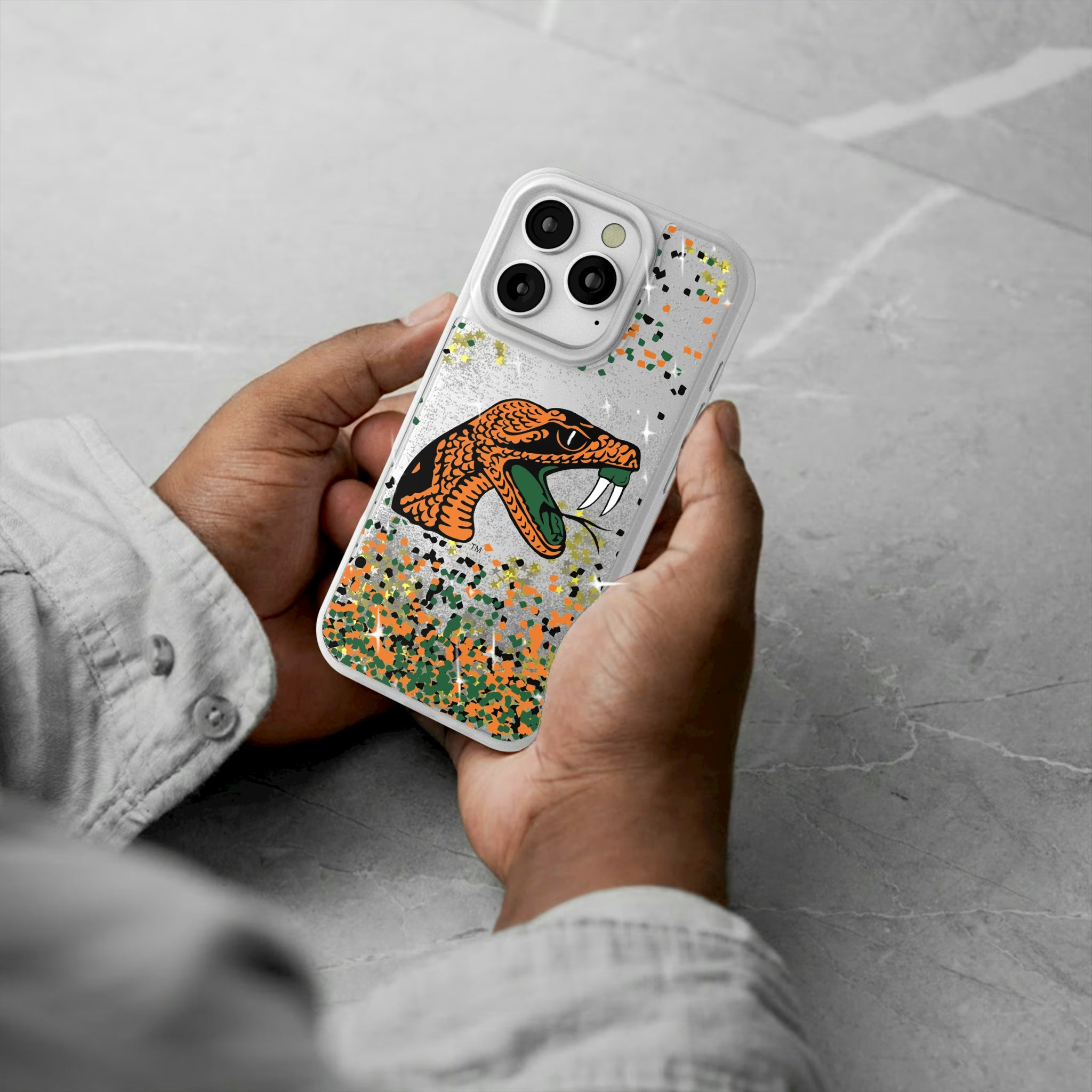 Florida A&M University Rattlers Confetti iPhone Glitter Phone Case for Apple iPhone - Lifestyle#Device_iPhone 16 Pro