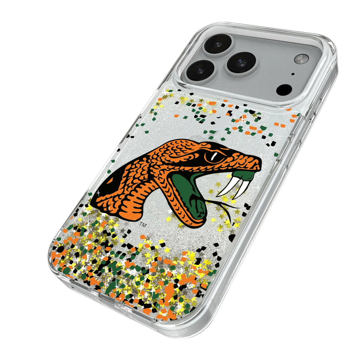 Florida A&M University Rattlers Confetti iPhone Glitter Phone Case for Apple iPhone - Isometric View#Device_iPhone 18 Pro