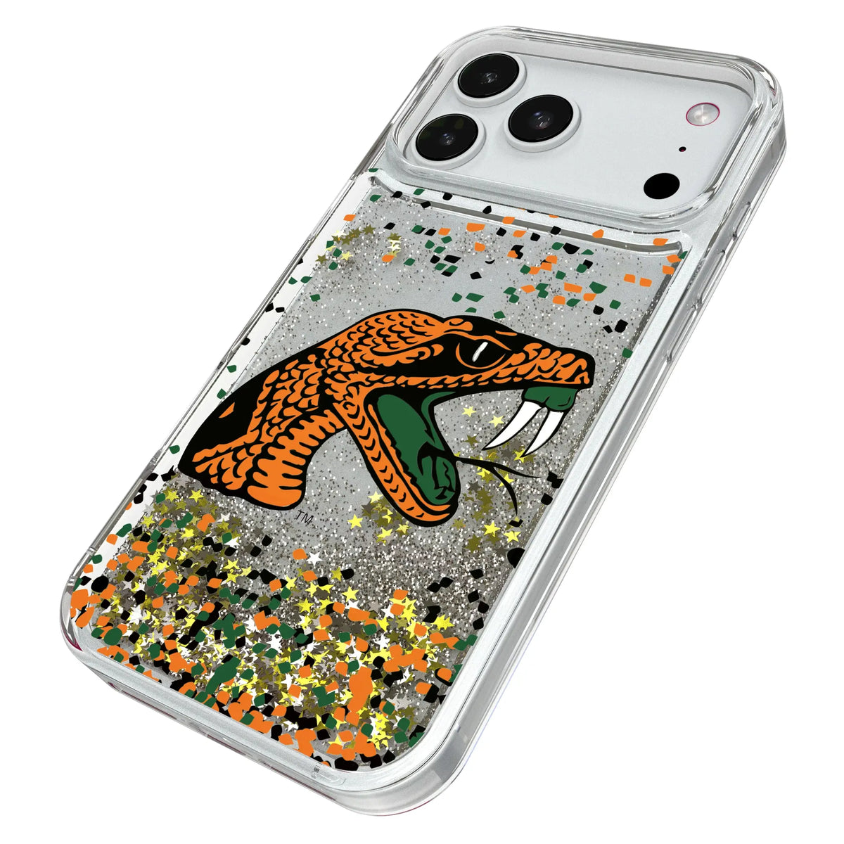 Florida A&M University Rattlers Confetti iPhone Glitter Phone Case for Apple iPhone - Isometric View#Device_iPhone 18 Pro Max