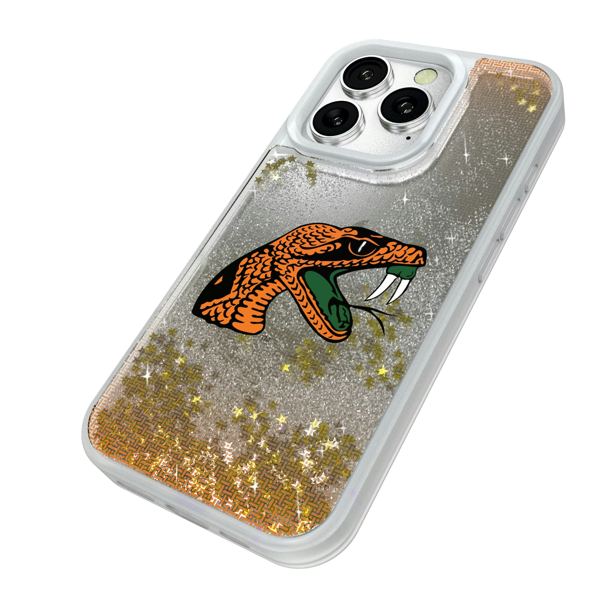 Florida A&M University Rattlers Linen iPhone Glitter Phone Case for Apple iPhone - Isometric View#Device_iPhone 16 Pro