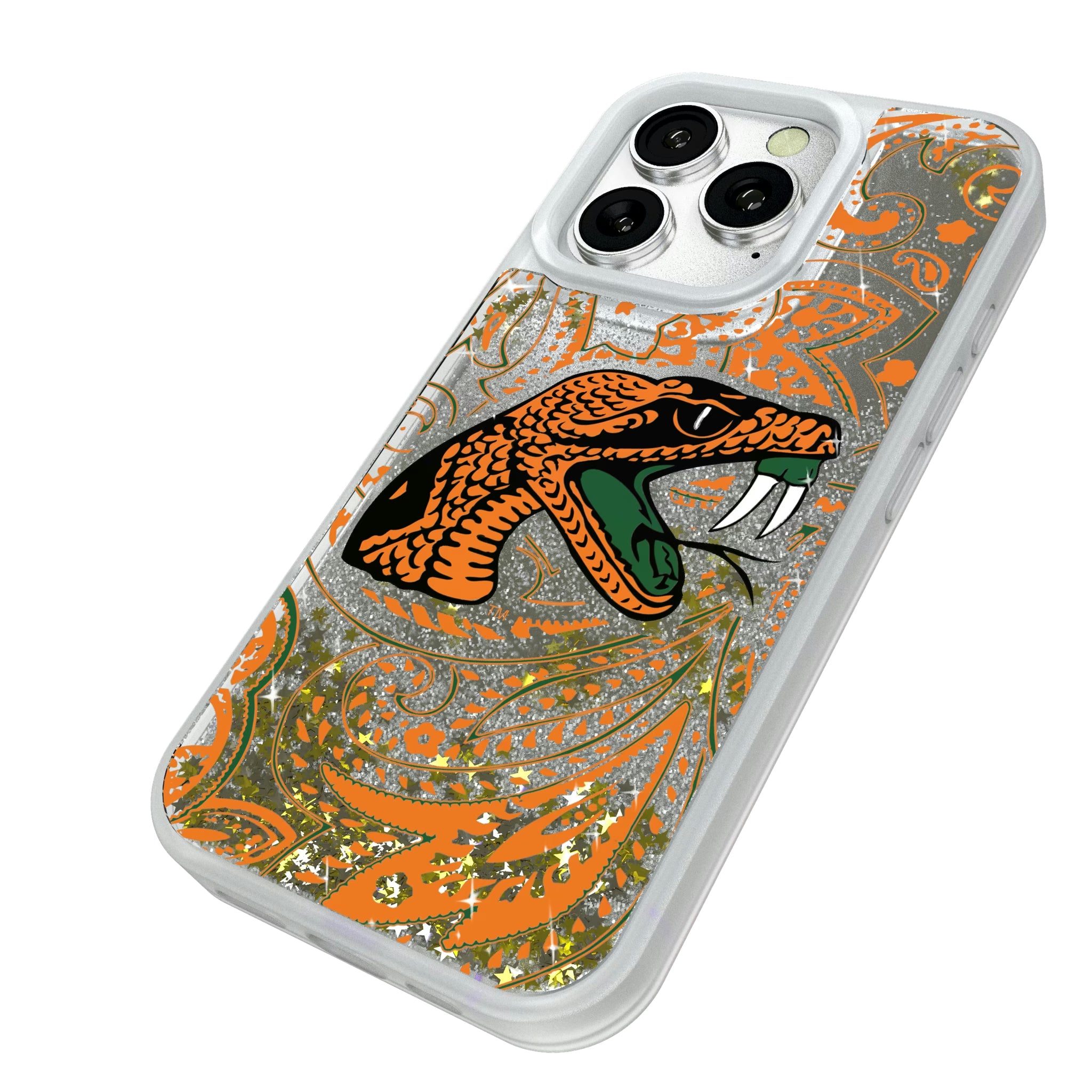 Florida A&M University Rattlers Paisley iPhone Glitter Phone Case for Apple iPhone - Isometric View#Device_iPhone 16 Pro