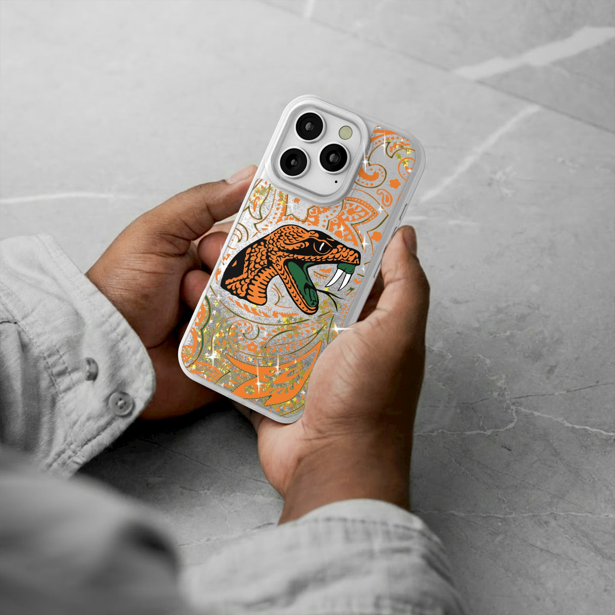 Florida A&M University Rattlers Paisley iPhone Glitter Phone Case for Apple iPhone - Lifestyle#Device_iPhone 16 Pro