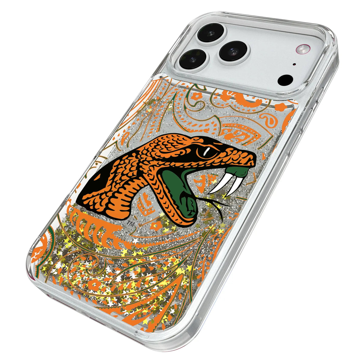 Florida A&M University Rattlers Paisley iPhone Glitter Phone Case for Apple iPhone - Isometric View#Device_iPhone 18 Pro Max