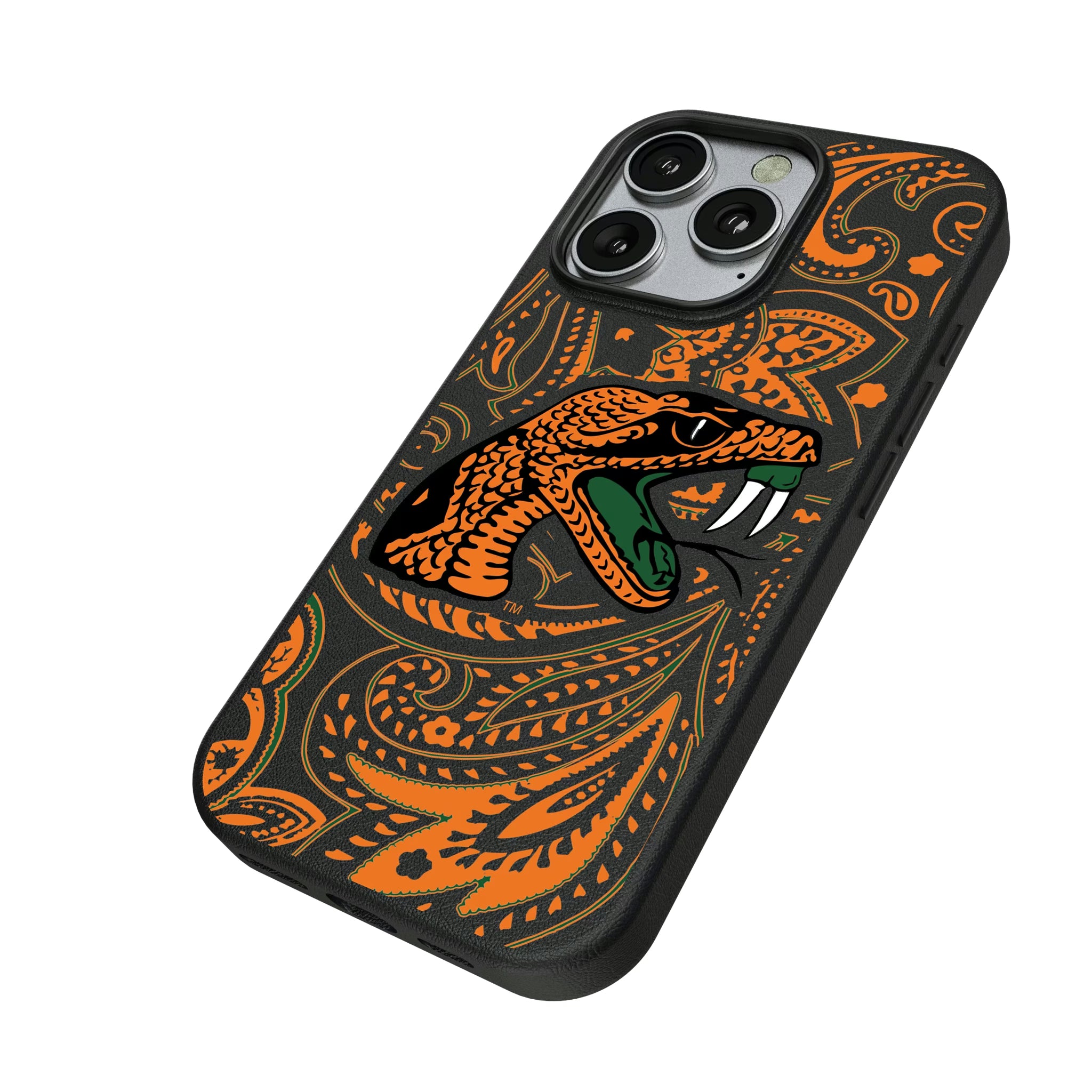 Florida A&M University Rattlers Paisley iPhone MagSafe Compatible Phone Case for Apple iPhone - Isometric View