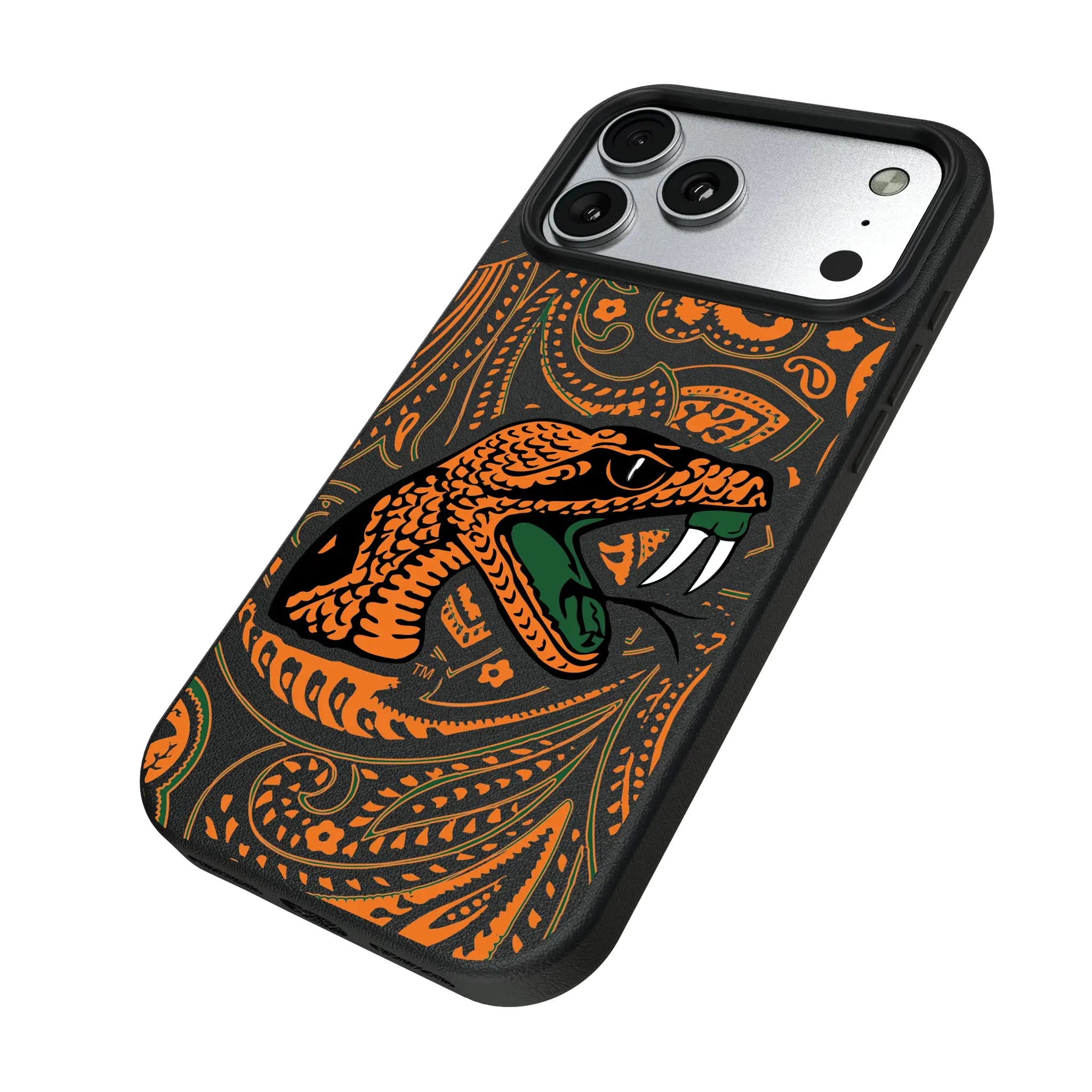 Florida A&M University Rattlers Paisley iPhone MagSafe Compatible Phone Case for Apple iPhone - Isometric View#Device_iPhone 17 Pro Max
