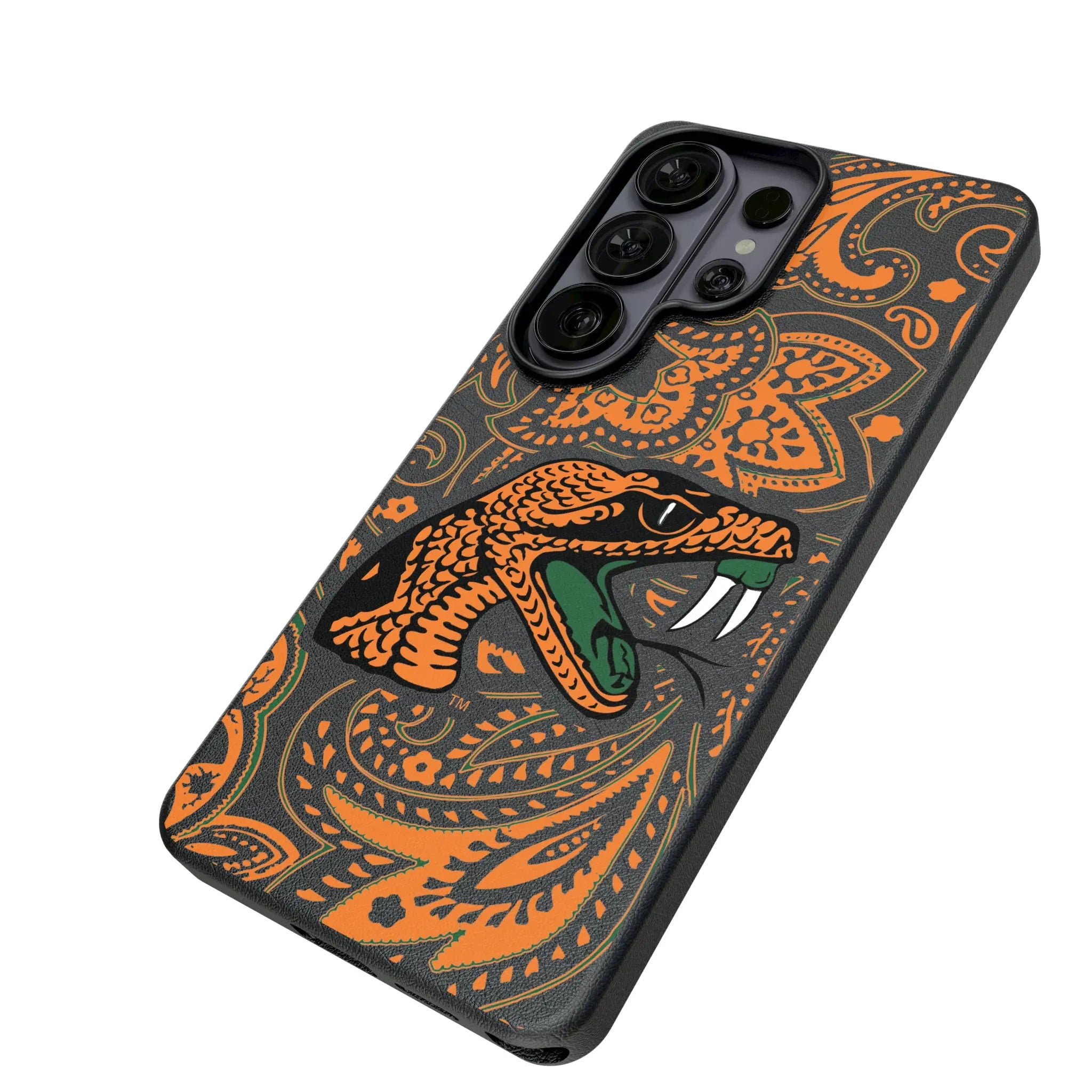 Florida A&M University Rattlers Paisley Galaxy MagSafe Compatible Phone Case for Samsung Galaxy - Isometric View#Device_Galaxy S26 Ultra