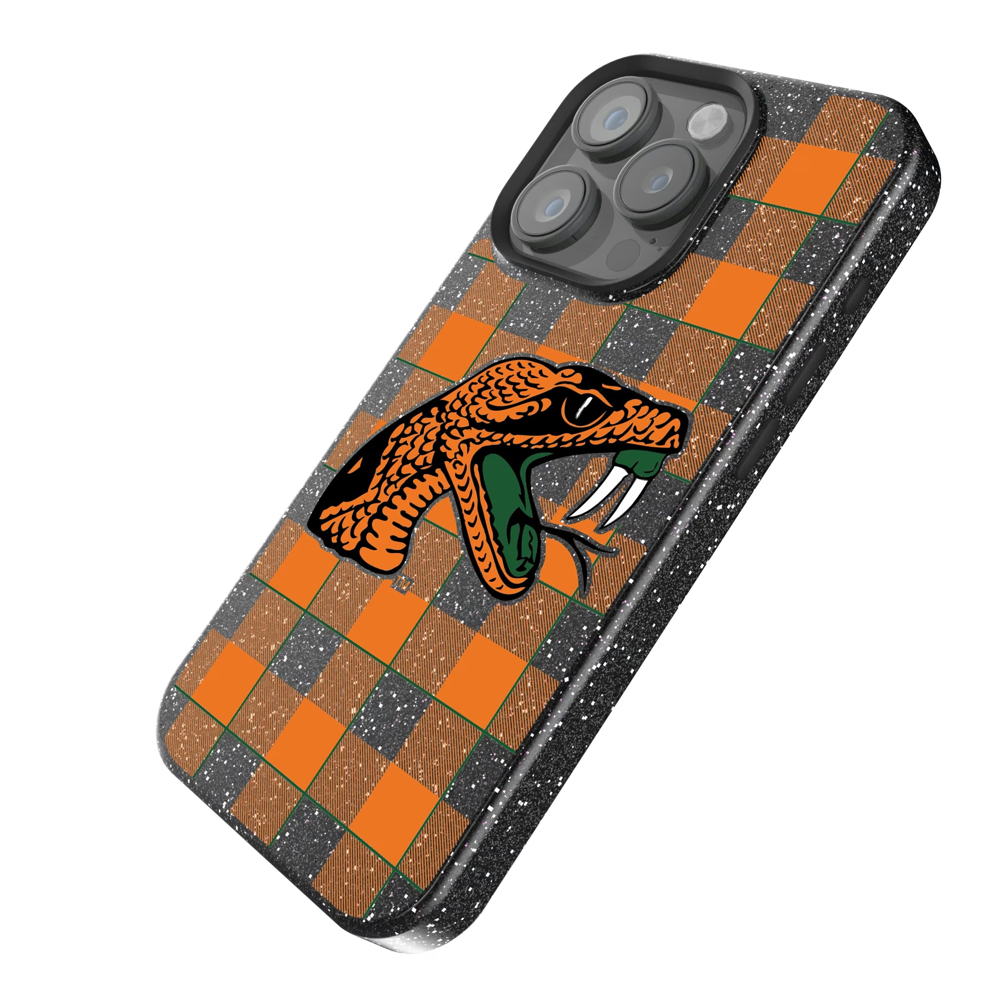 Florida A&M University Rattlers Plaid iPhone Bling Phone Case for Apple iPhone - Isometric View