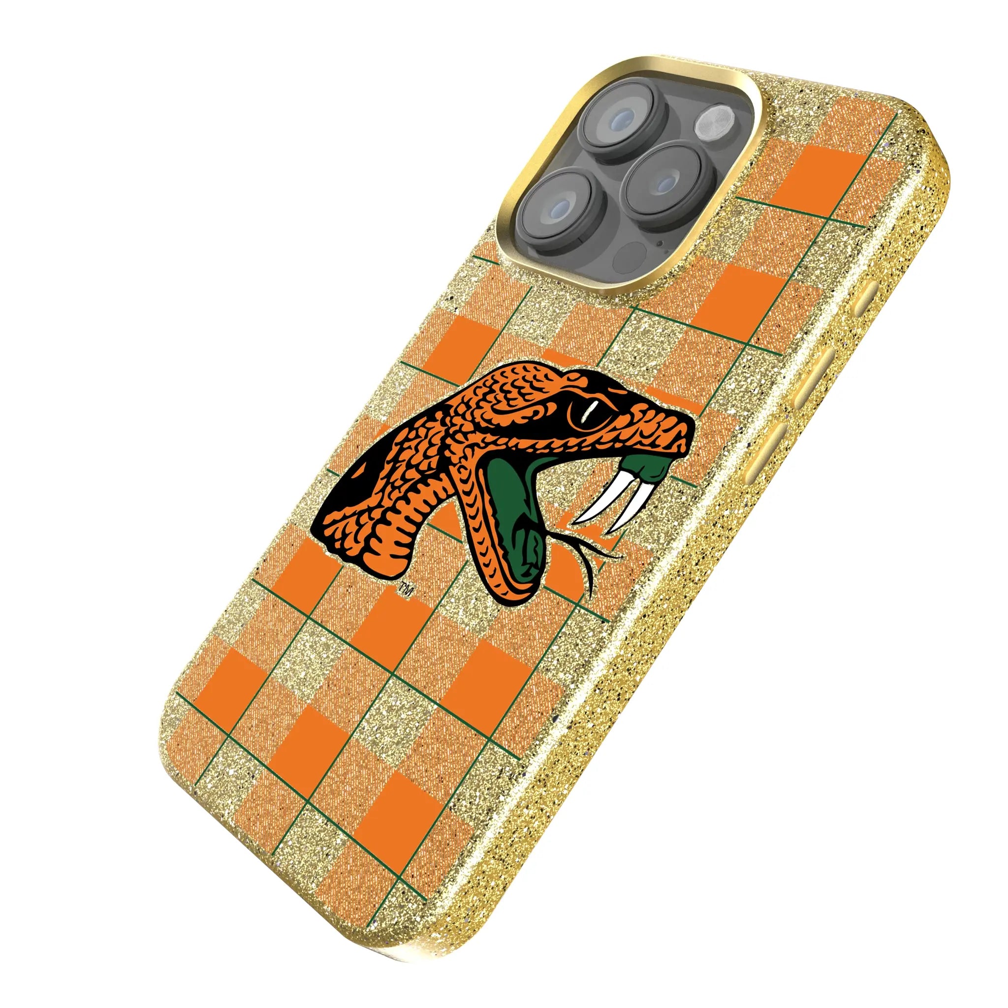 Florida A&M University Rattlers Plaid iPhone Bling Phone Case for Apple iPhone - Isometric View