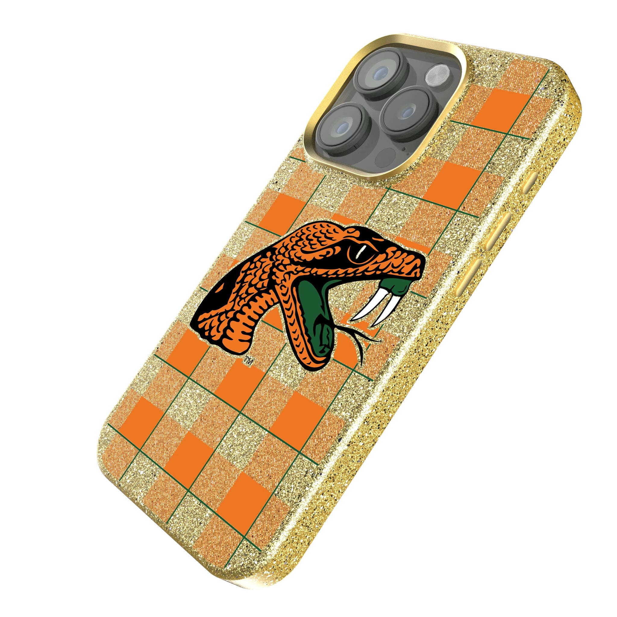 Florida A&M University Rattlers Plaid iPhone Bling Phone Case for Apple iPhone - Isometric View
