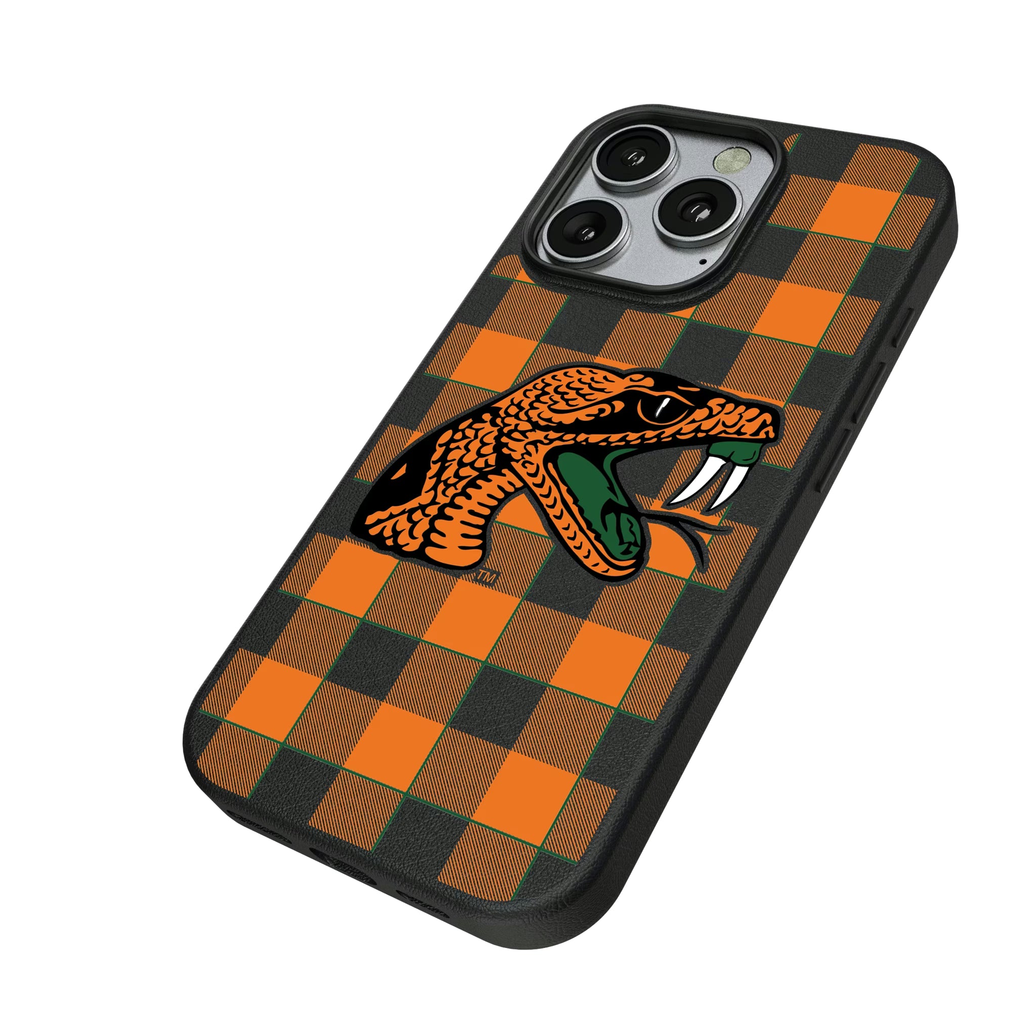 Florida A&M University Rattlers Plaid iPhone MagSafe Compatible Phone Case for Apple iPhone - Isometric View