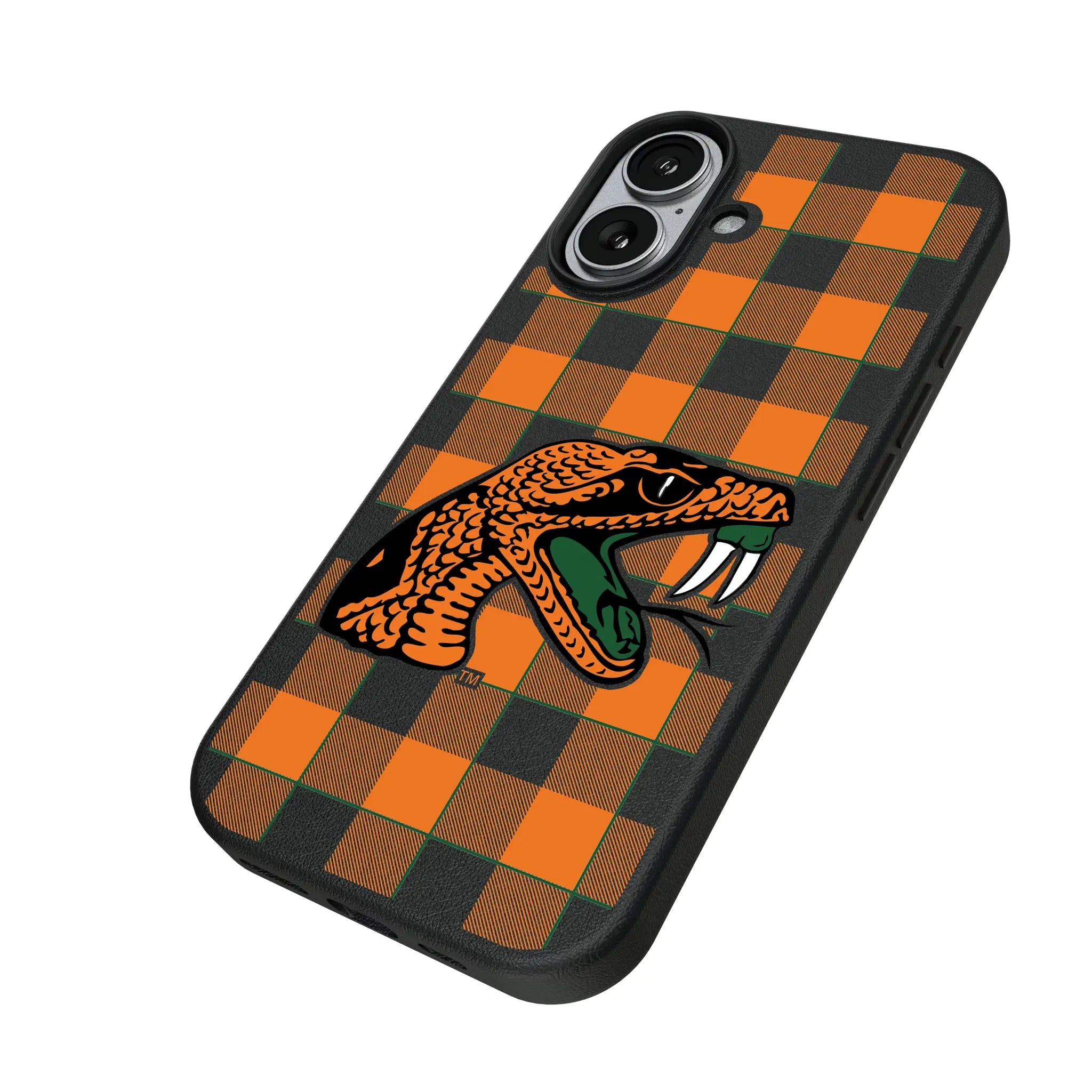 Florida A&M University Rattlers Plaid iPhone MagSafe Compatible Phone Case for Apple iPhone - Isometric View#Device_iPhone 17
