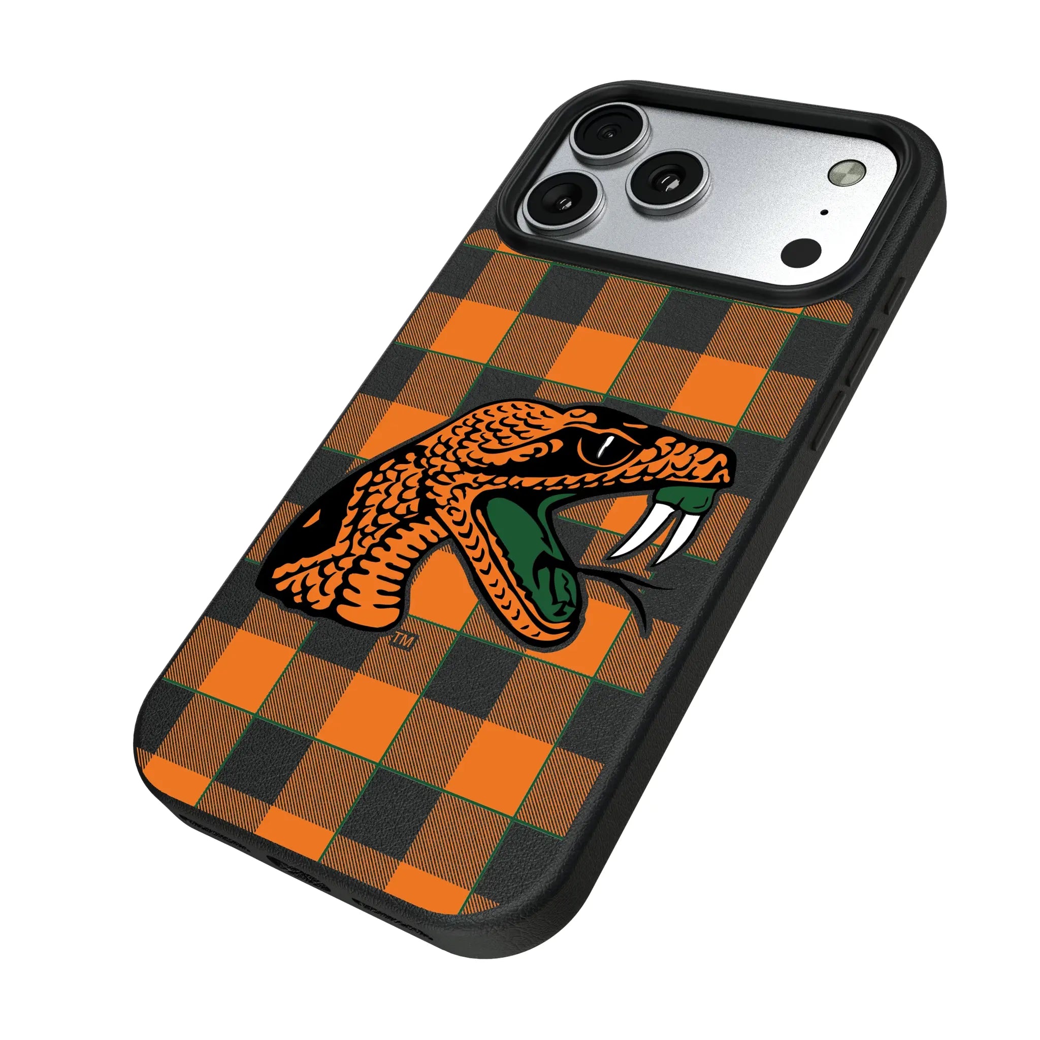 Florida A&M University Rattlers Plaid iPhone MagSafe Compatible Phone Case for Apple iPhone - Isometric View#Device_iPhone 17 Pro Max