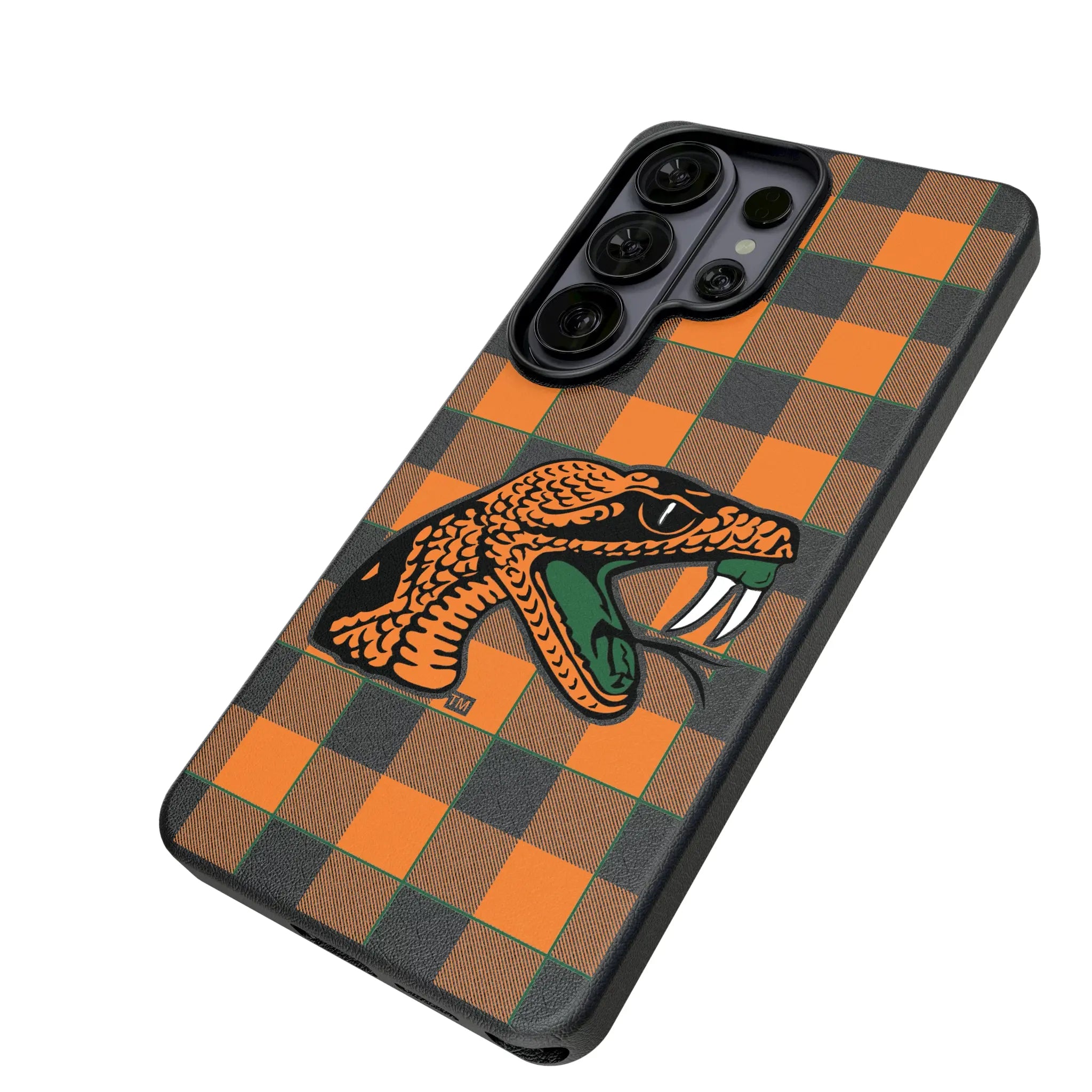 Florida A&M University Rattlers Plaid Galaxy MagSafe Compatible Phone Case for Samsung Galaxy - Isometric View#Device_Galaxy S26 Ultra
