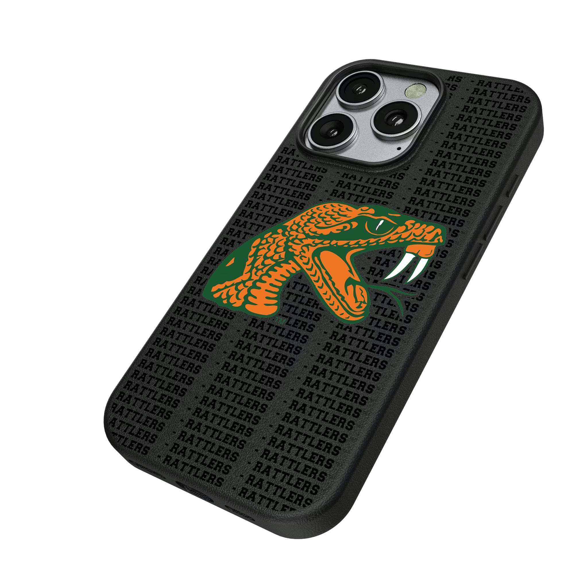 Florida A&M University Rattlers Text Backdrop iPhone MagSafe Compatible Phone Case for Apple iPhone - Isometric View