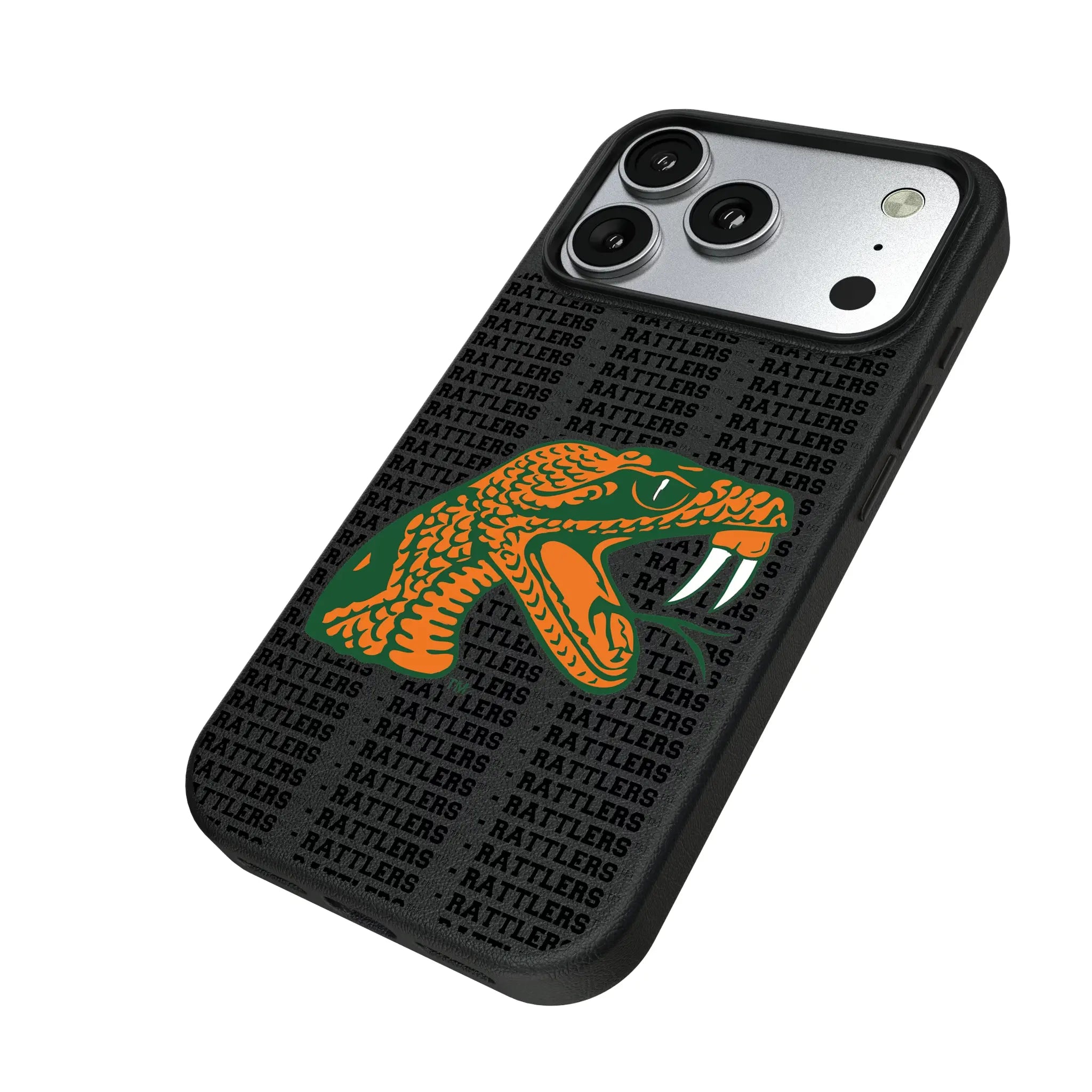 Florida A&M University Rattlers Text Backdrop iPhone MagSafe Compatible Phone Case for Apple iPhone - Isometric View#Device_iPhone 17 Pro