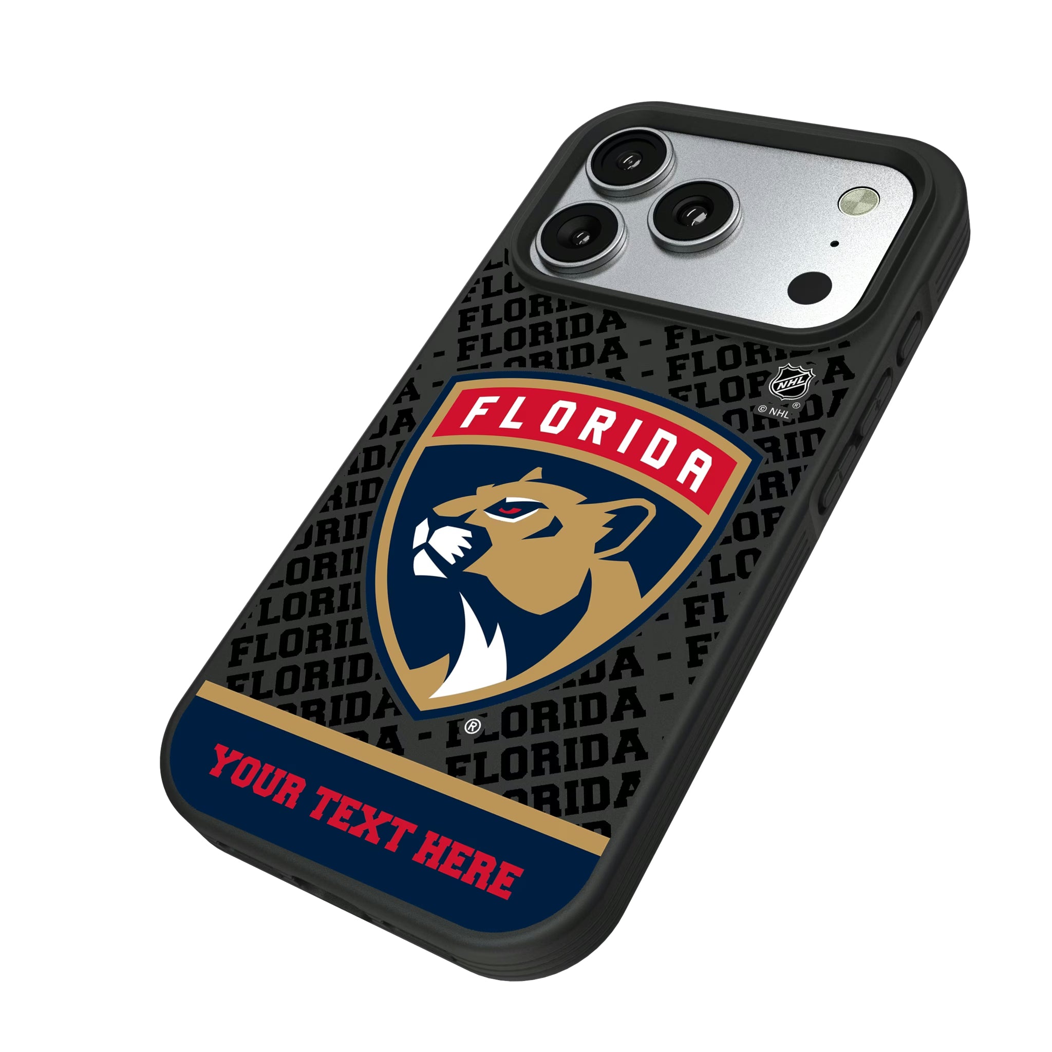 Florida Panthers Personalized EndZone Plus iPhone Bump Phone Case for Apple iPhone - Isometric View#Device_iPhone 17 Pro
