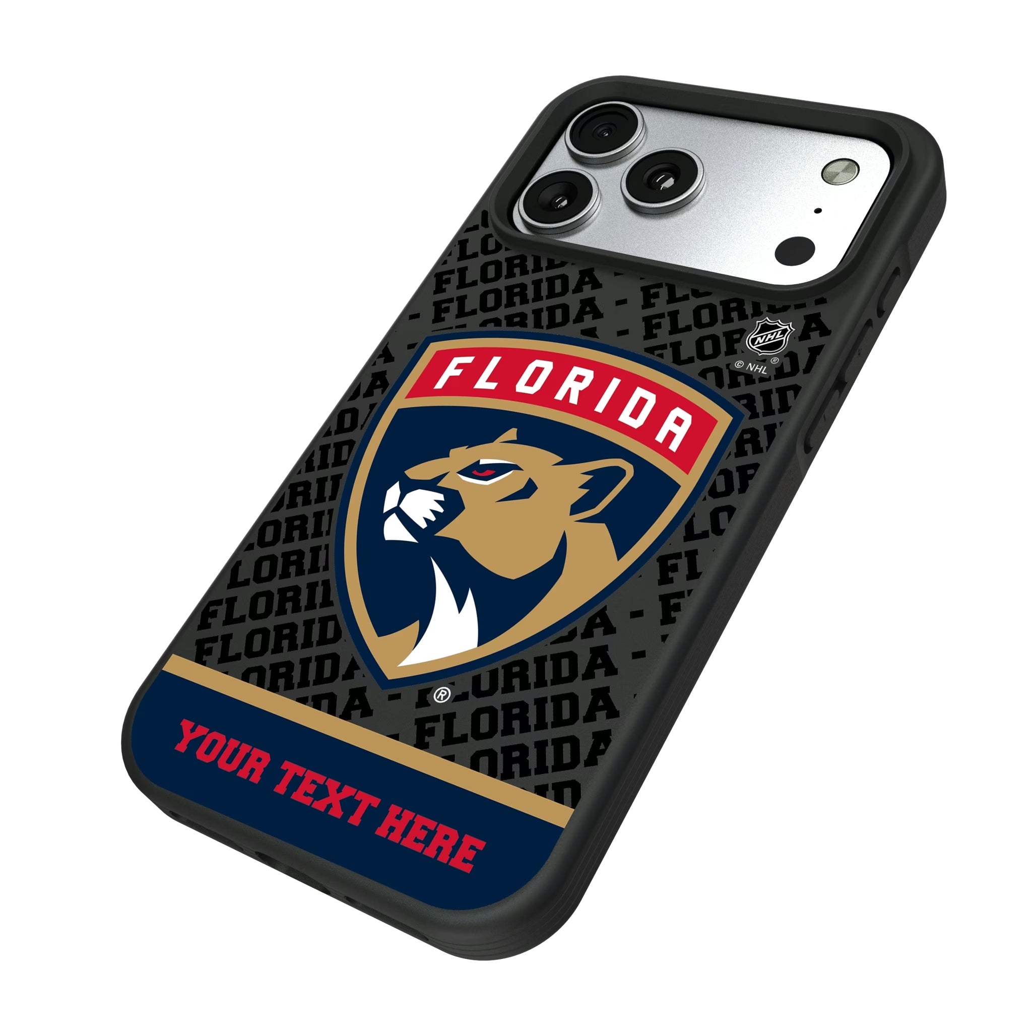 Florida Panthers Personalized EndZone Plus iPhone Bump Phone Case for Apple iPhone - Isometric View#Device_iPhone 17 Pro Max