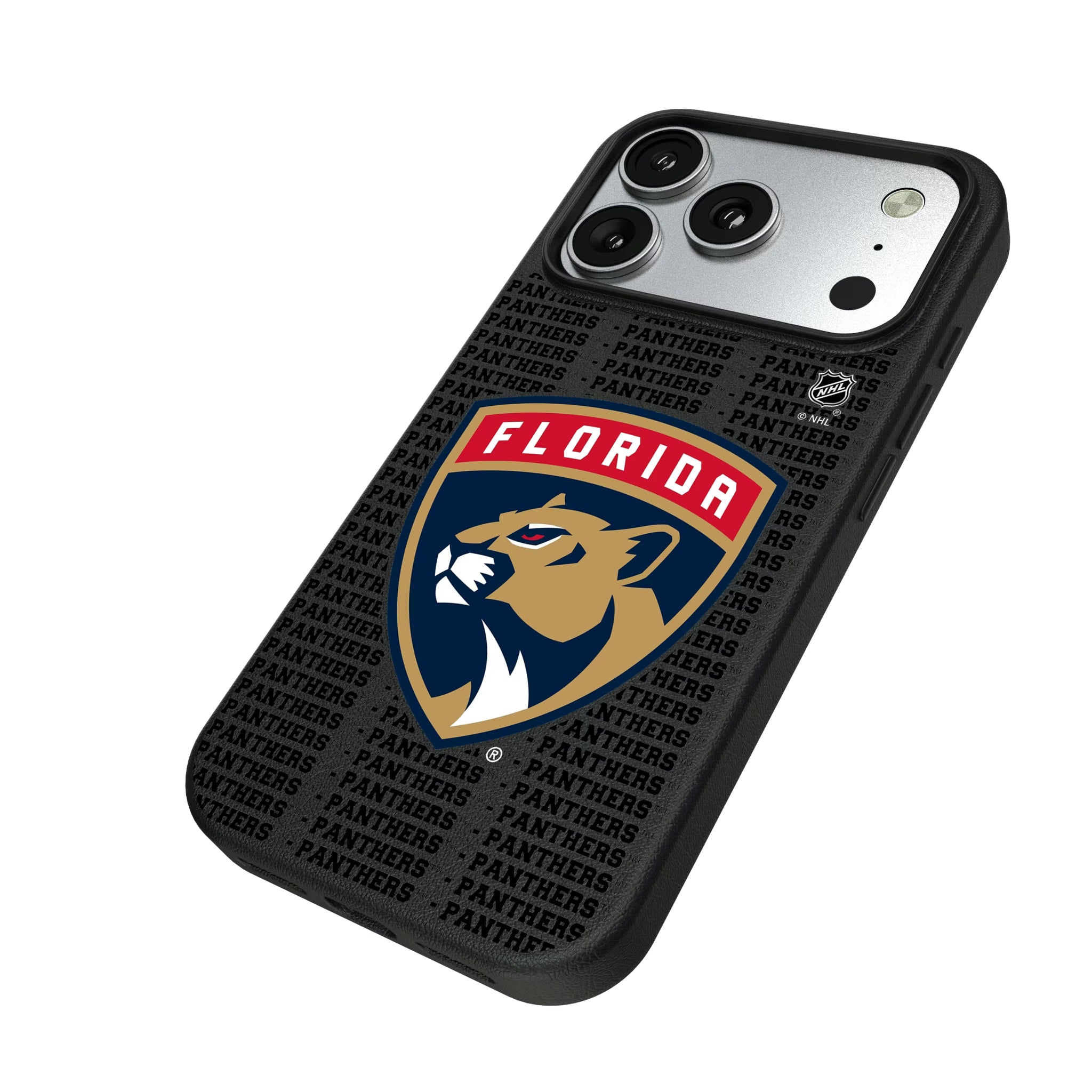 Florida Panthers Text Backdrop iPhone MagSafe Compatible Phone Case for Apple iPhone - Isometric View#Device_iPhone 17 Pro
