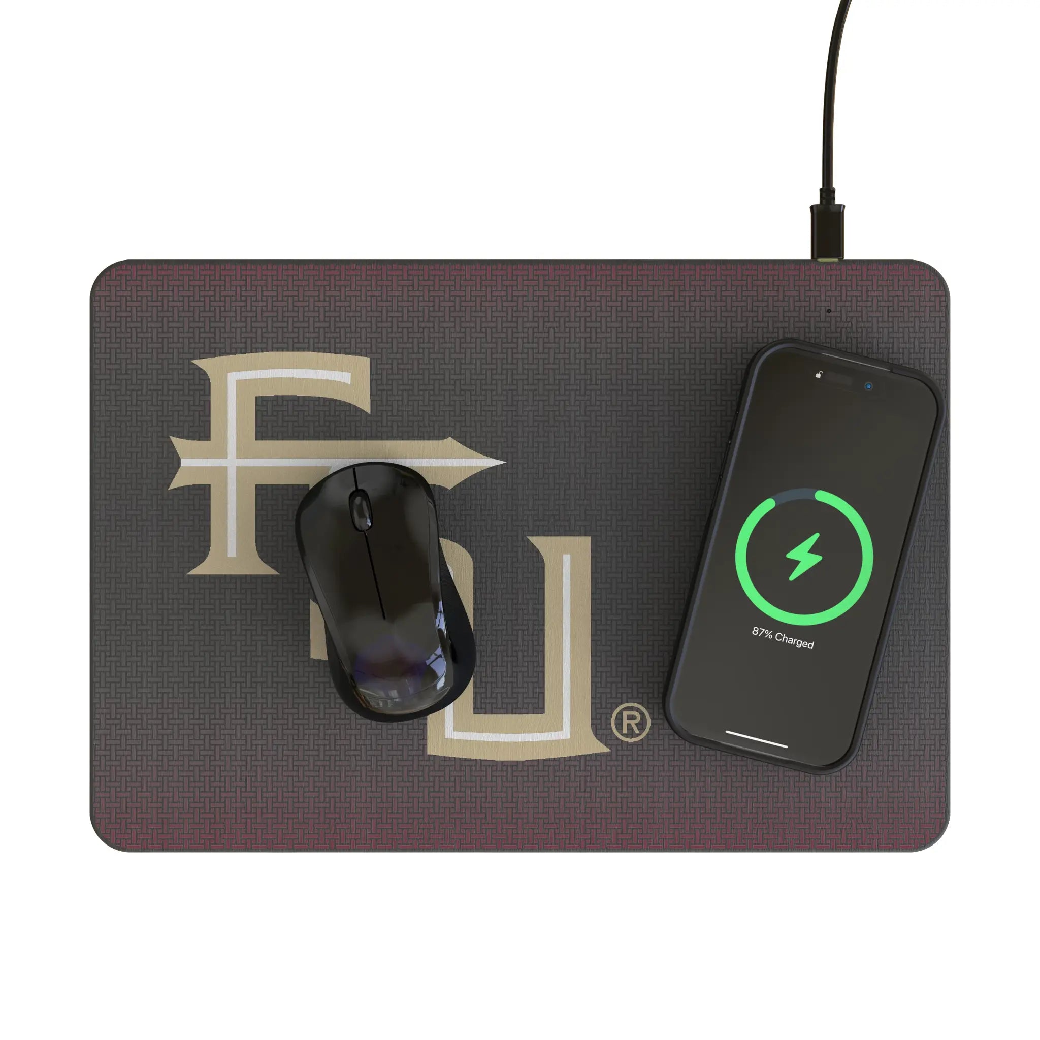 Florida State University Seminoles Athletic Wordmark Linen 15-Watt Wireless Charger and Mouse Pad - Lifestyle