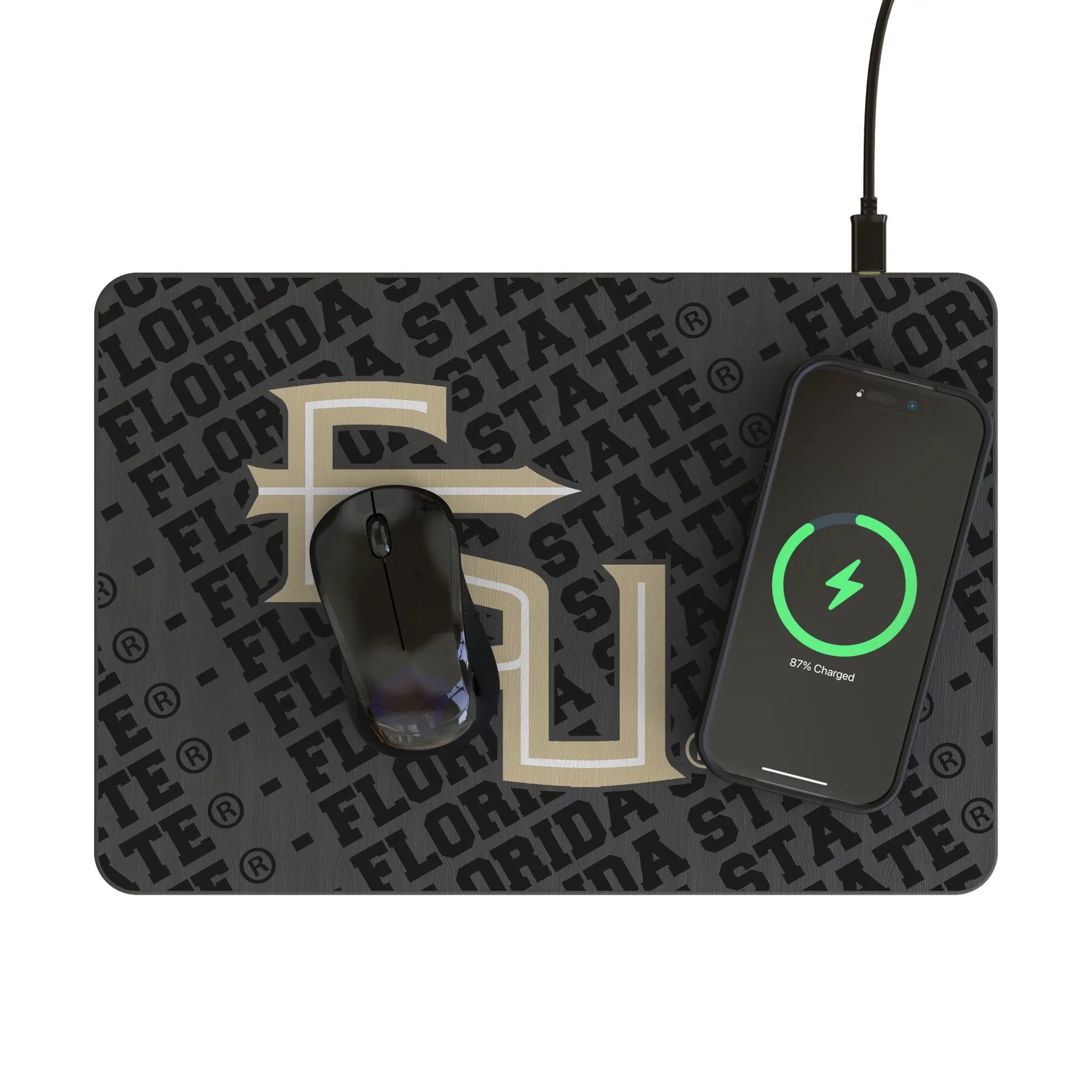 Florida State University Seminoles Athletic Wordmark Monocolor Tilt 15-Watt Wireless Charger and Mouse Pad - Lifestyle