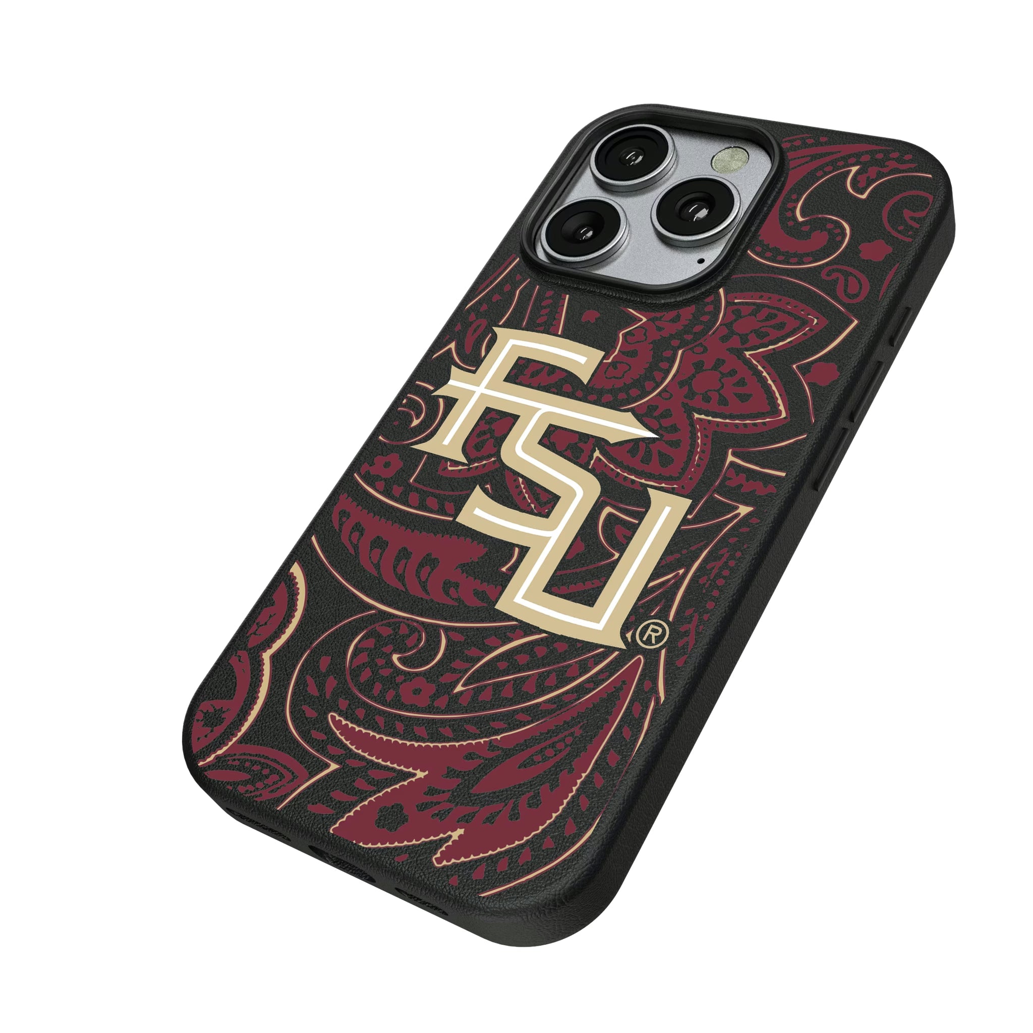 Florida State University Seminoles Athletic Wordmark Paisley iPhone MagSafe Compatible Phone Case for Apple iPhone - Isometric View