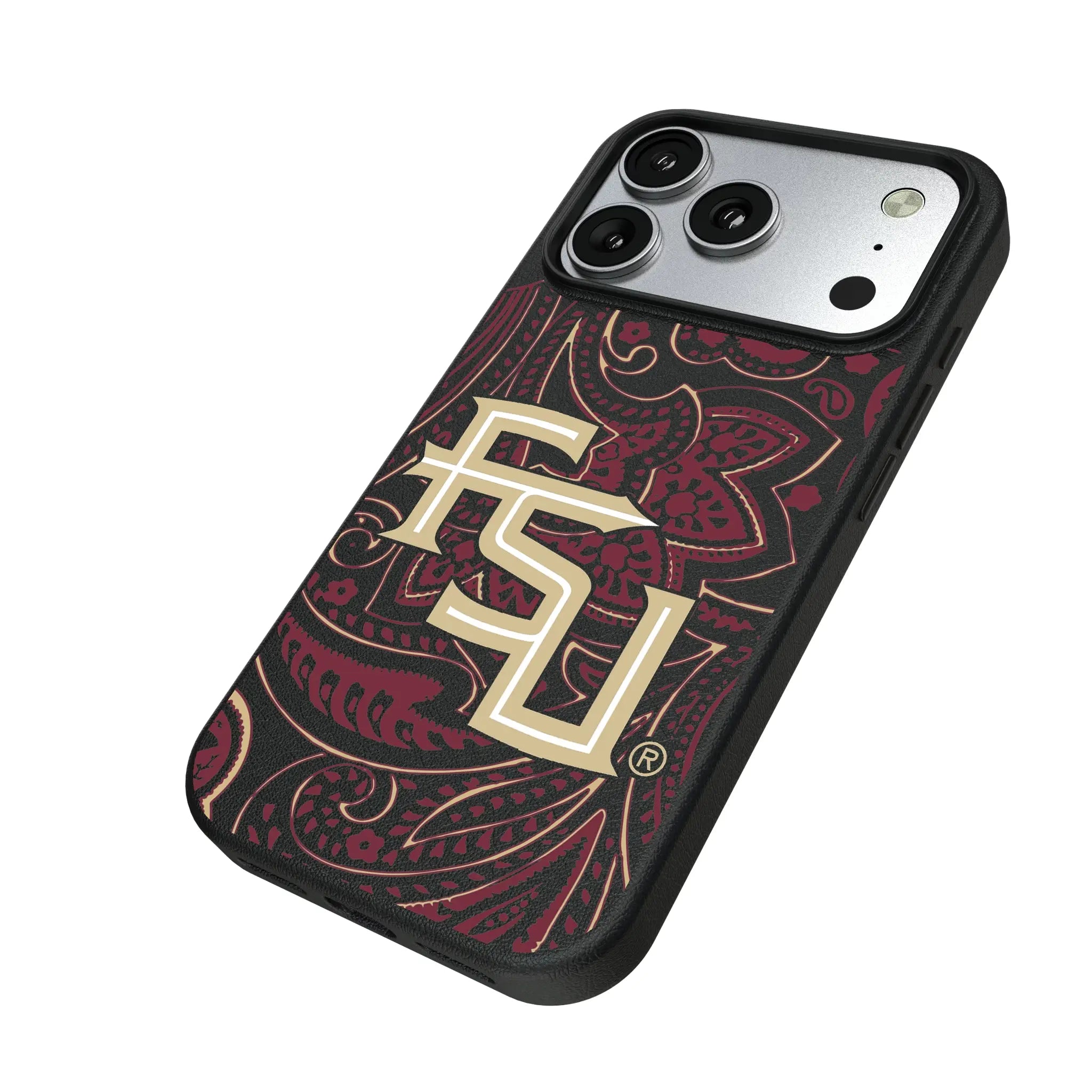 Florida State University Seminoles Athletic Wordmark Paisley iPhone MagSafe Compatible Phone Case for Apple iPhone - Isometric View#Device_iPhone 17 Pro