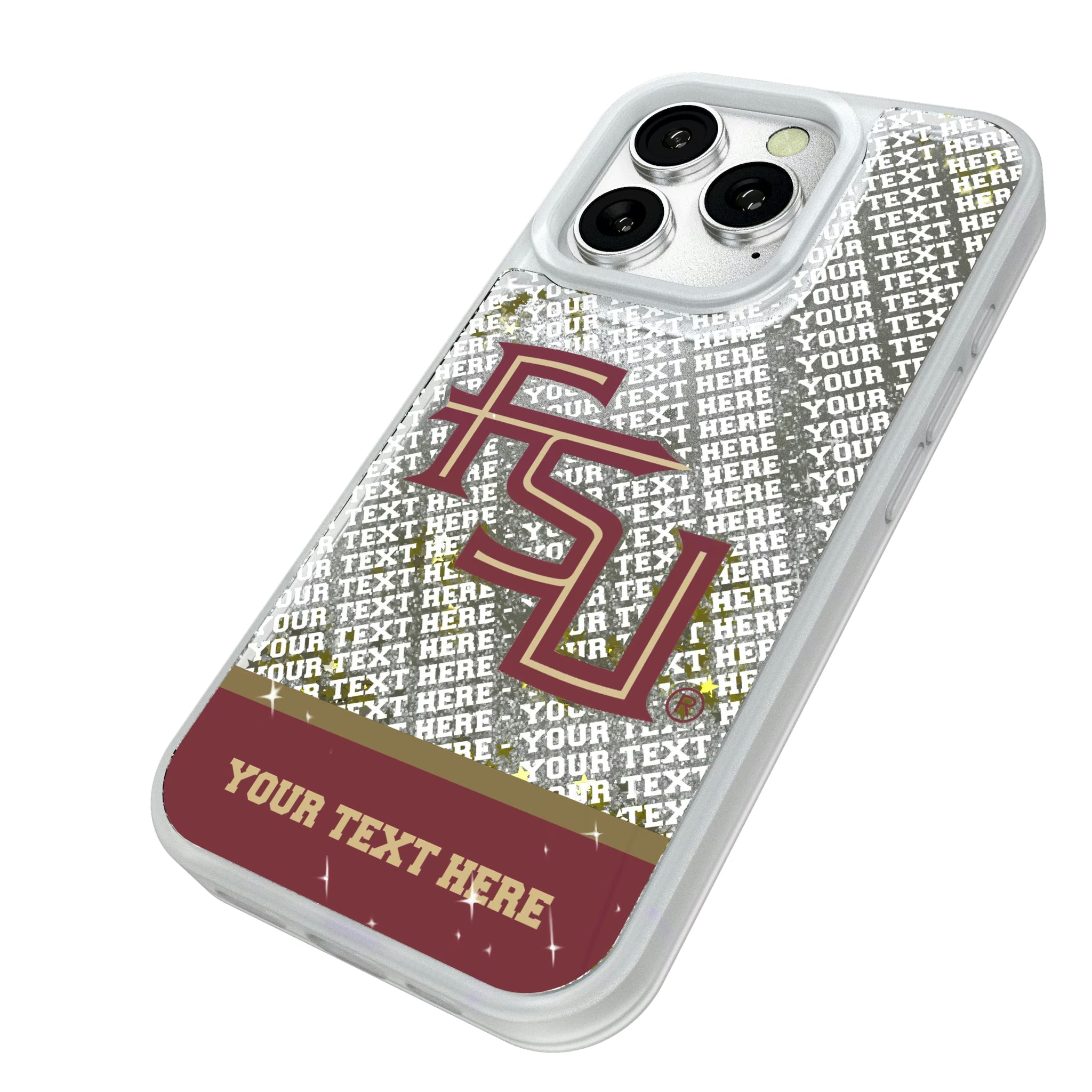 Florida State University Seminoles Athletic Wordmark Personalized EndZone Plus iPhone Glitter Phone Case for Apple iPhone - Isometric View#Device_iPhone 16 Pro