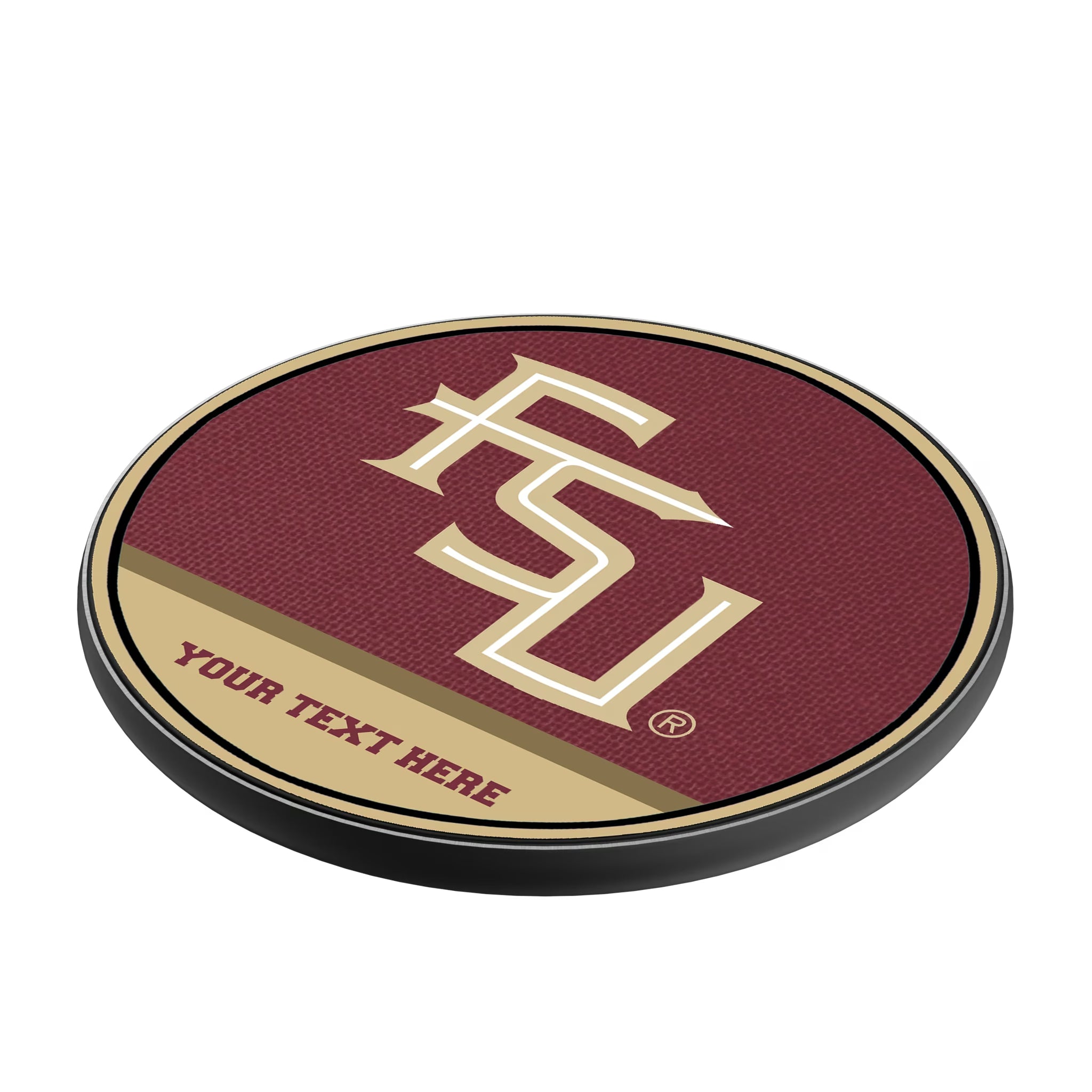Florida State University Seminoles Athletic Wordmark Personalized Endzone Solid 15-Watt Wireless Charger - Isometric View